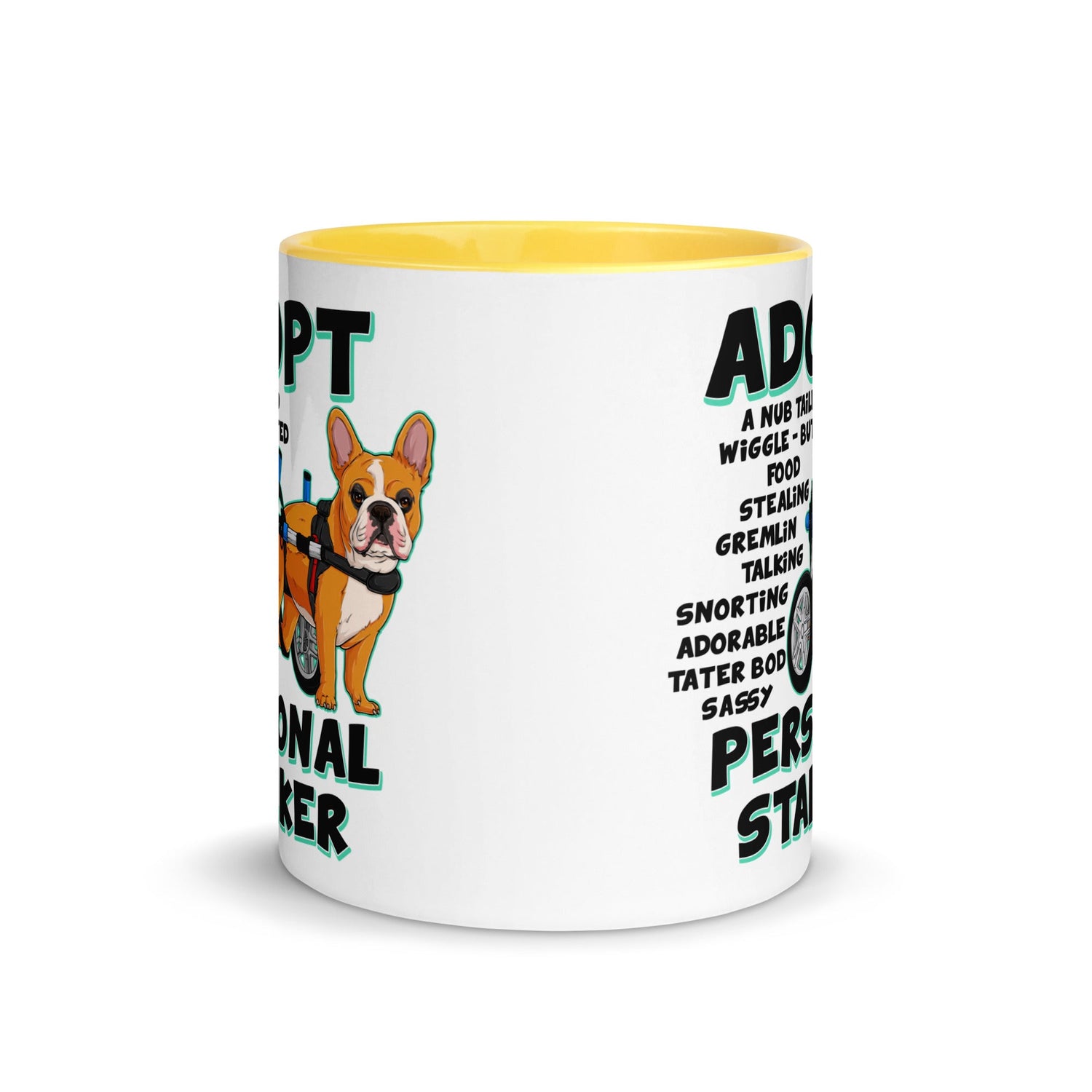 "Adopt A Personal Stalker" French Bulldog Mug | Red & White Colored in Wheelchair
