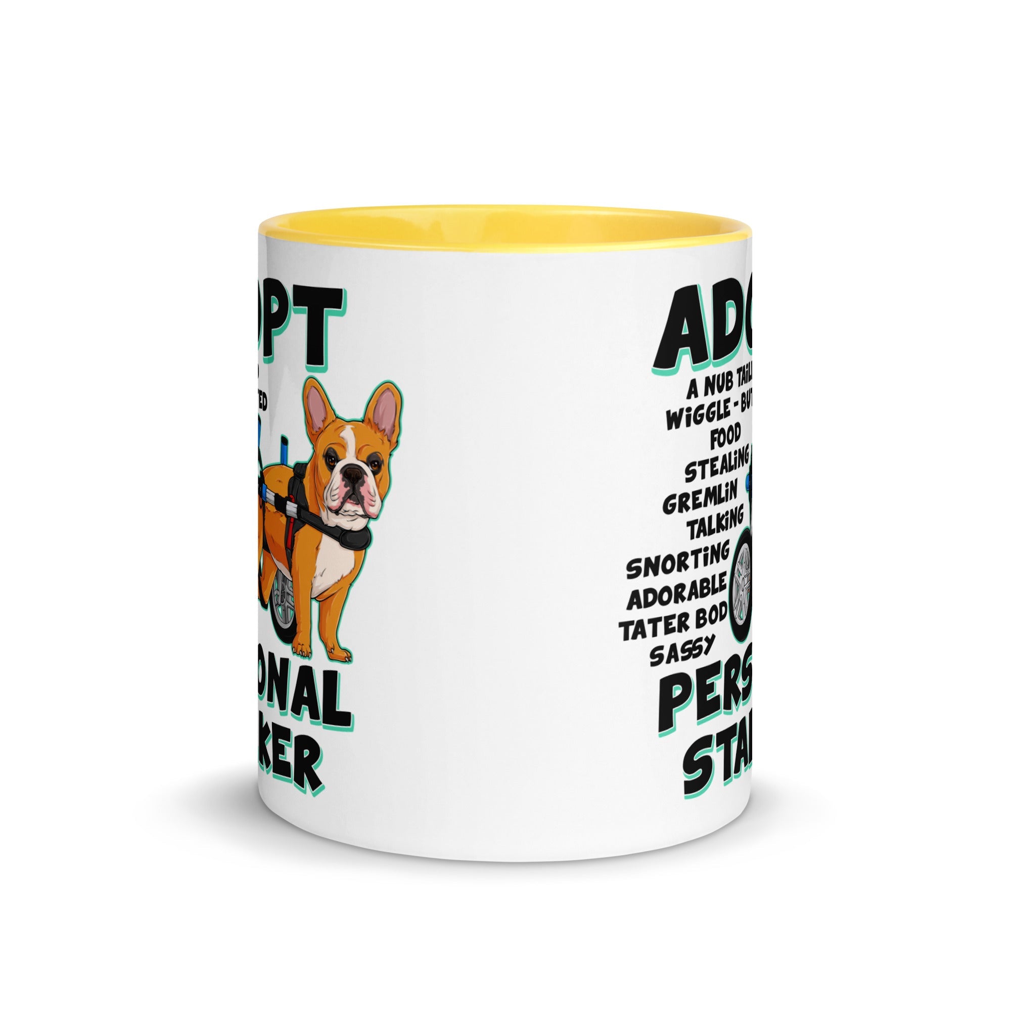 "Adopt A Personal Stalker" French Bulldog Mug | Red & White Colored in Wheelchair