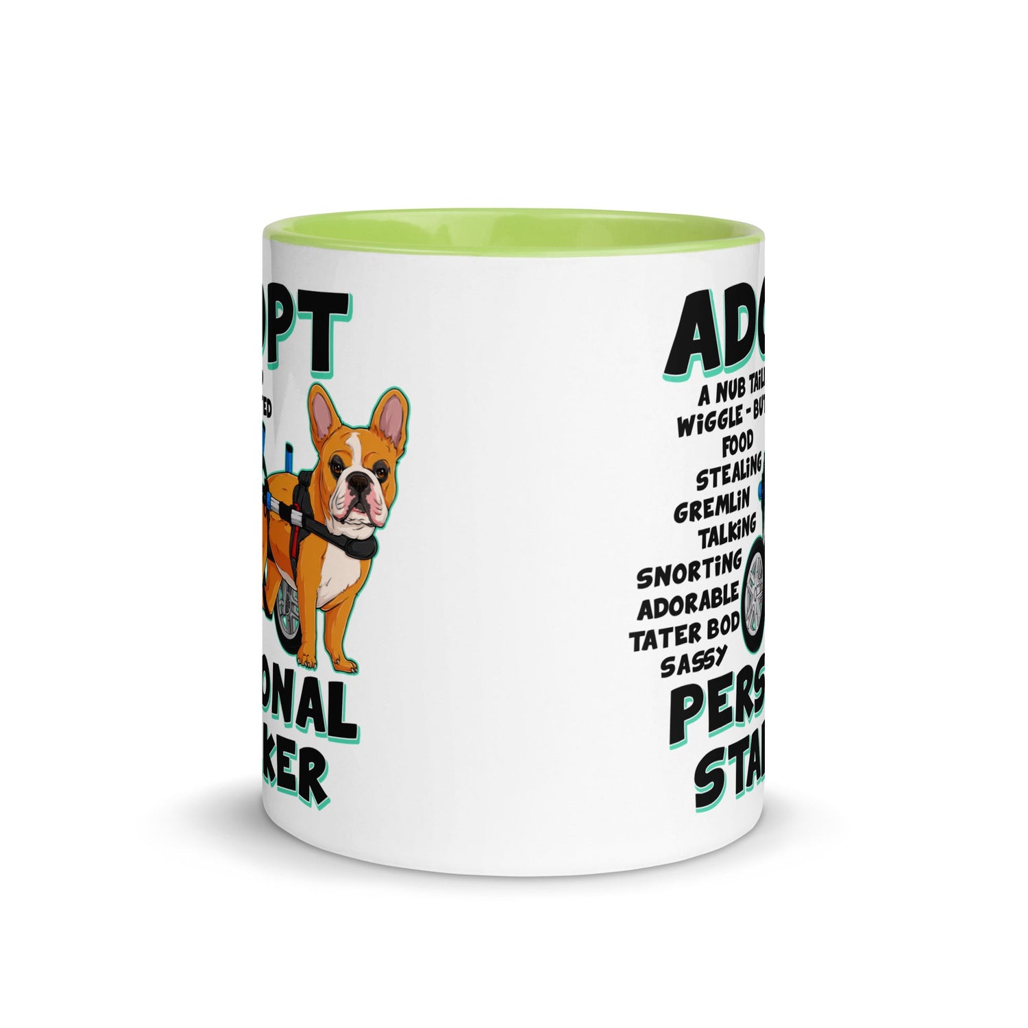 "Adopt A Personal Stalker" French Bulldog Mug | Red & White Colored in Wheelchair