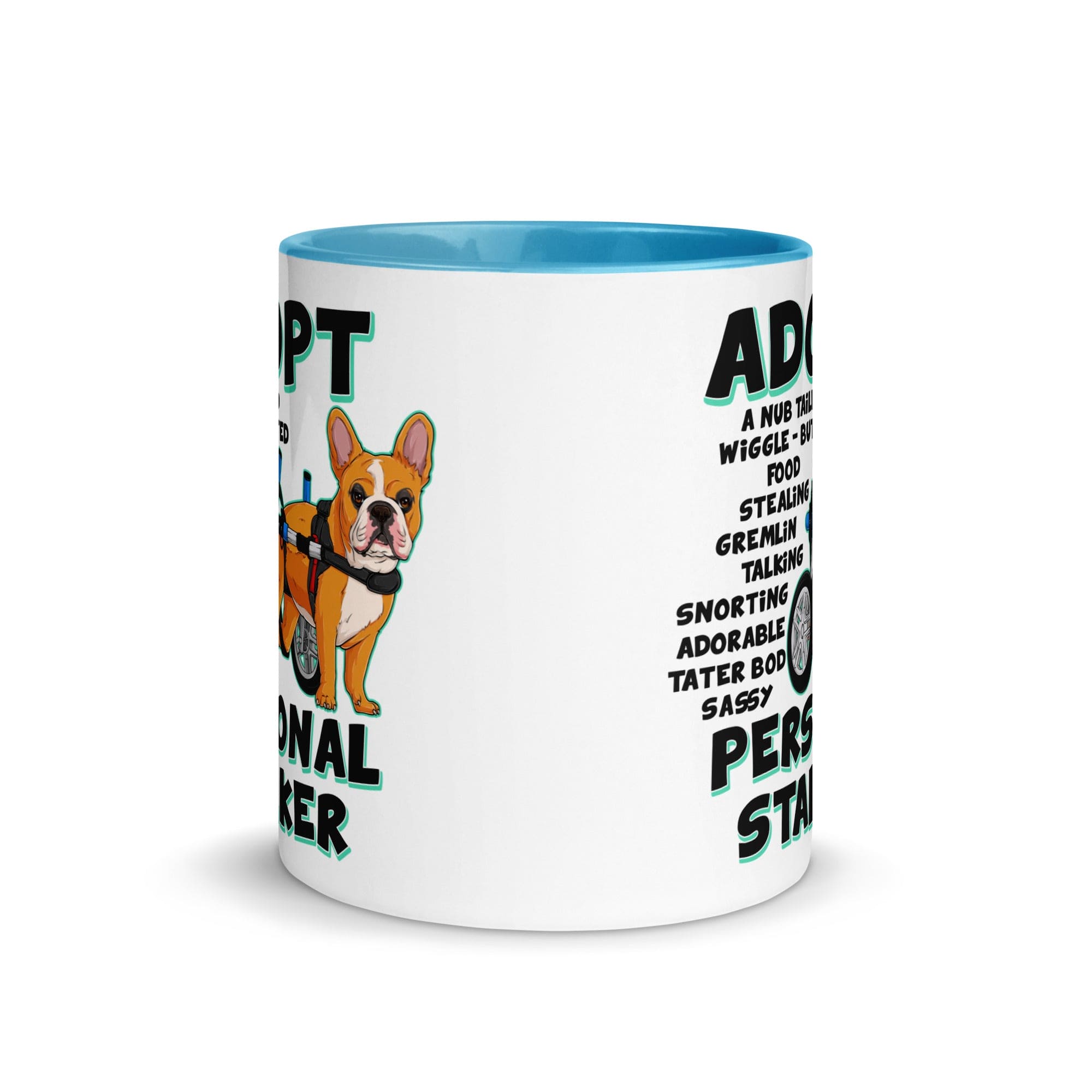 "Adopt A Personal Stalker" French Bulldog Mug | Red & White Colored in Wheelchair
