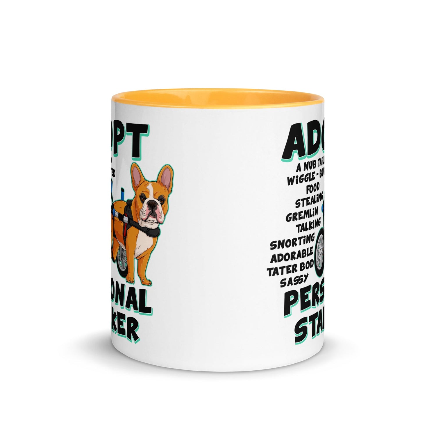 "Adopt A Personal Stalker" French Bulldog Mug | Red & White Colored in Wheelchair