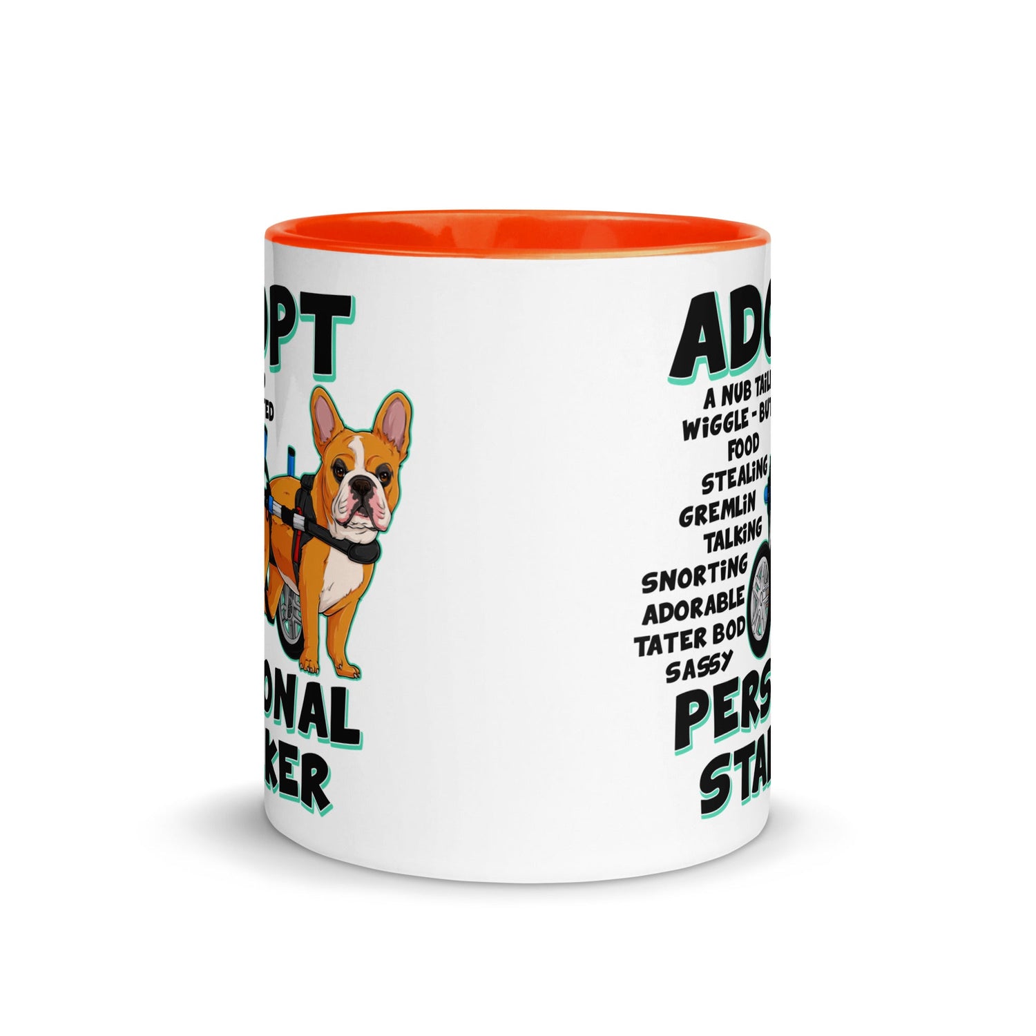 "Adopt A Personal Stalker" French Bulldog Mug | Red & White Colored in Wheelchair