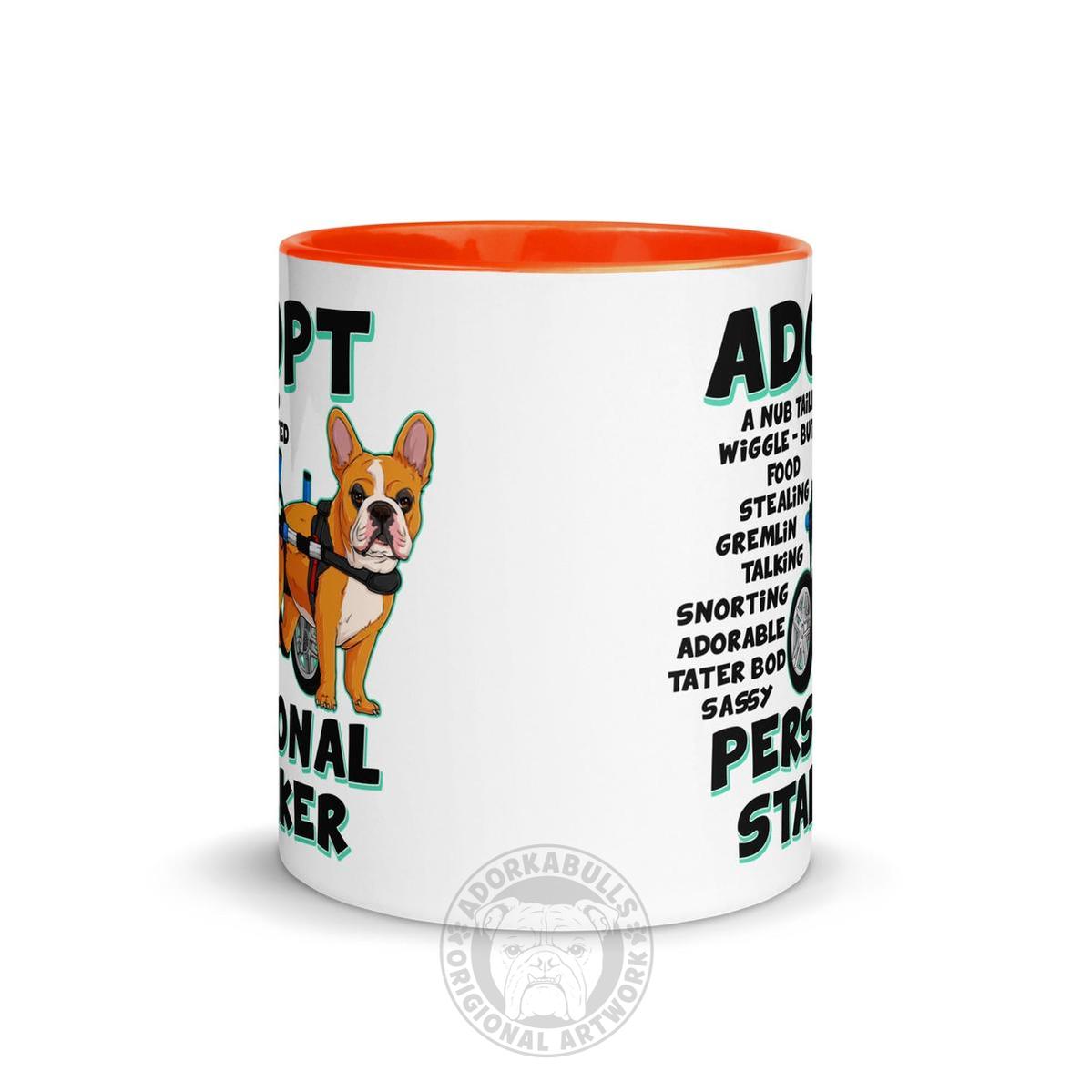 "Adopt A Personal Stalker" French Bulldog Mug | Red & White Colored in Wheelchair