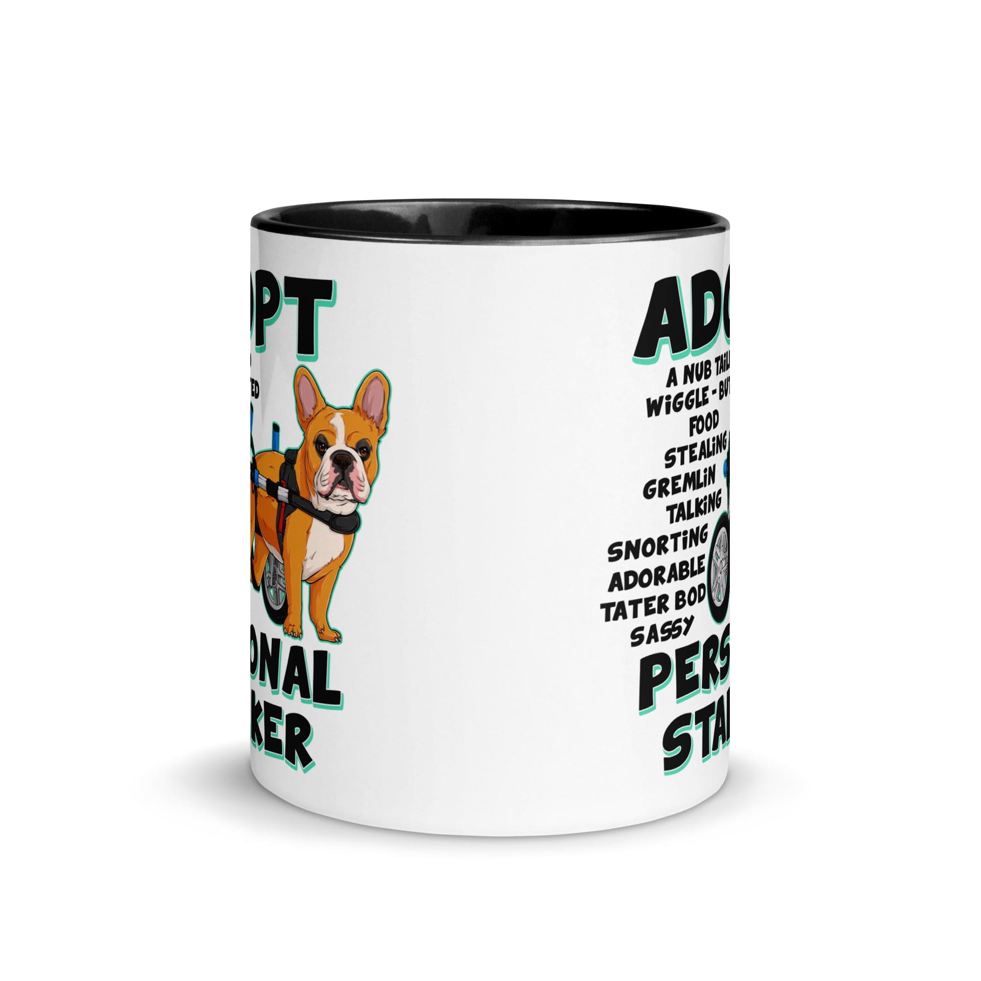 "Adopt A Personal Stalker" French Bulldog Mug | Red & White Colored in Wheelchair