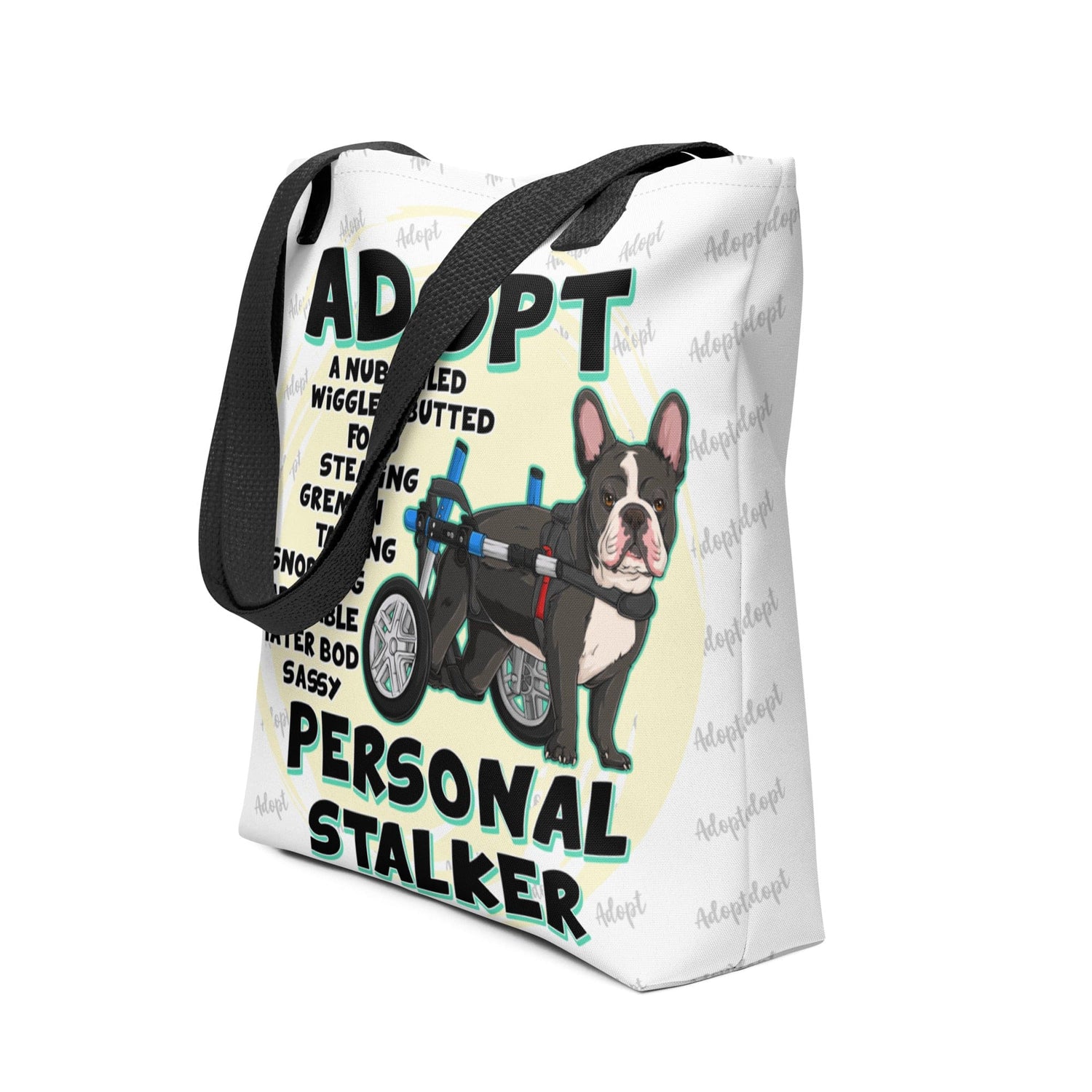 "Adopt A Personal Stalker" French Bulldog Tote Bag | B&W Colored in Wheelchair
