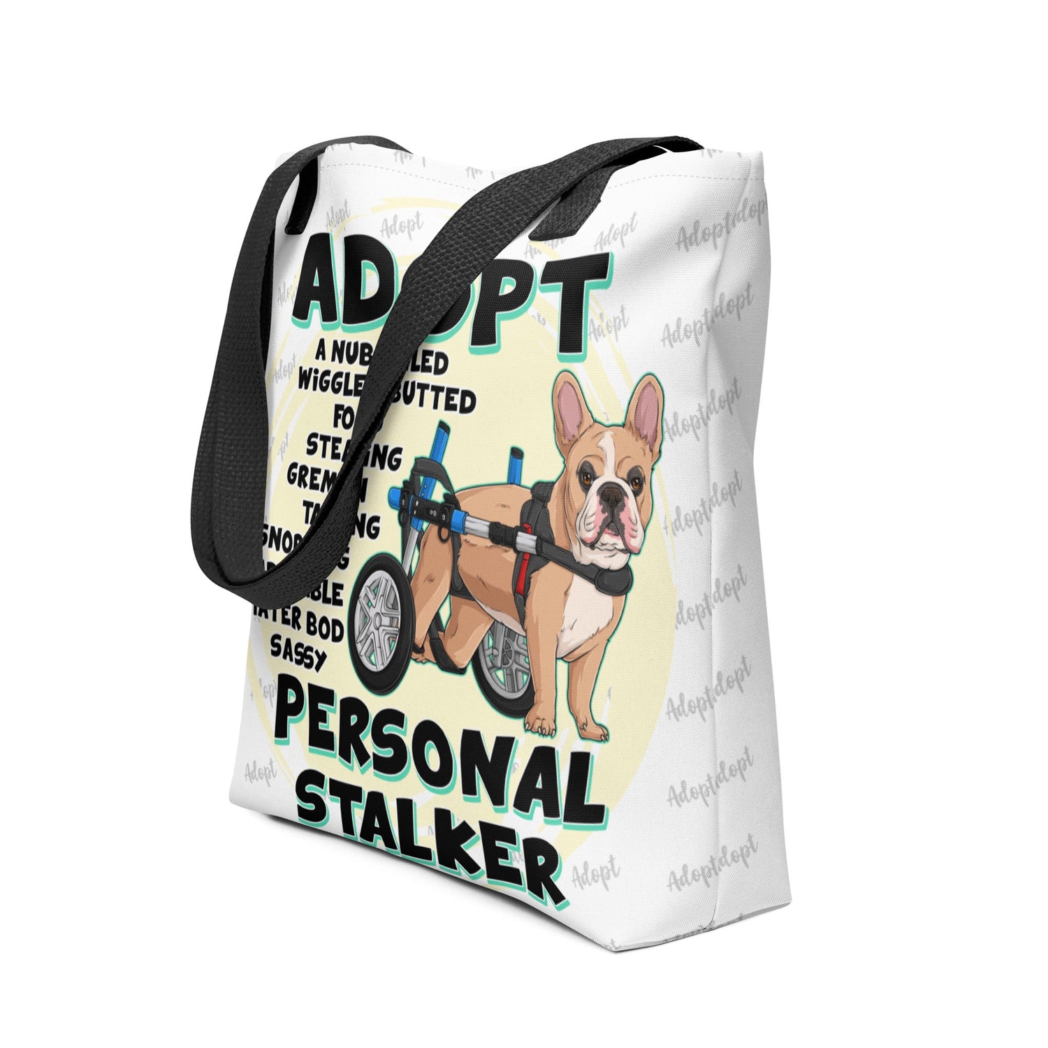 "Adopt A Personal Stalker" French Bulldog Tote Bag | Fawn & White Colored with Spina Bifida in Wheelchair