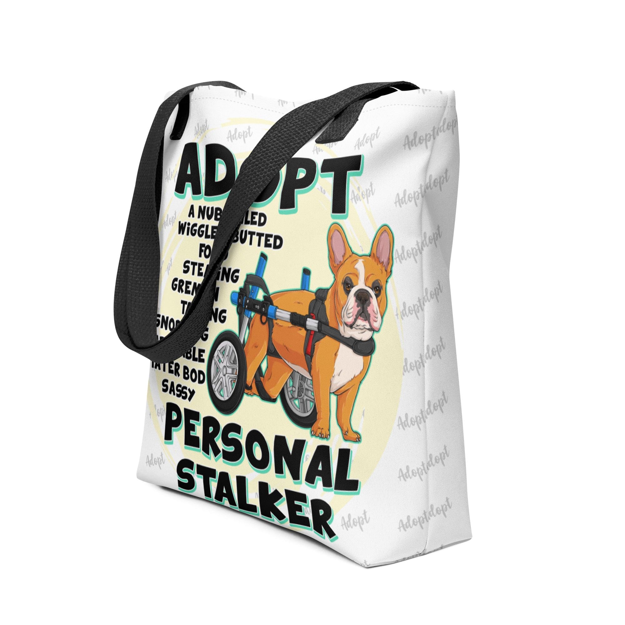 "Adopt A Personal Stalker" French Bulldog Tote Bag | Red & White Colored in Wheelchair