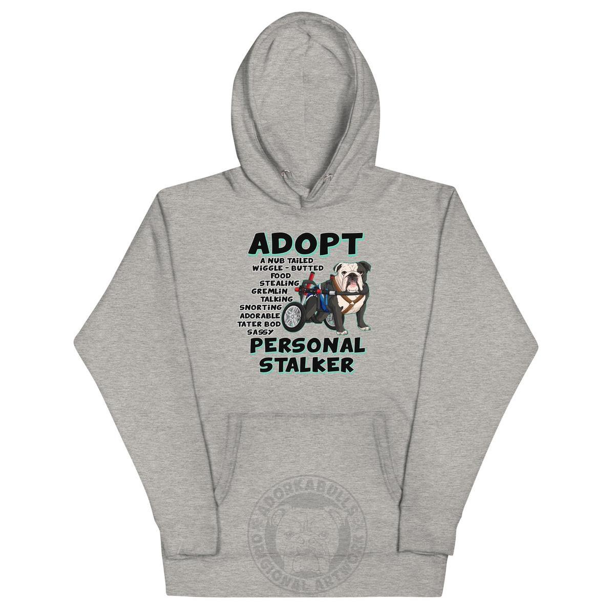 "Adopt A Personal Stalker" Male English Bulldog Hoodie | Black & White Colored with Spina Bifida in Wheelchair