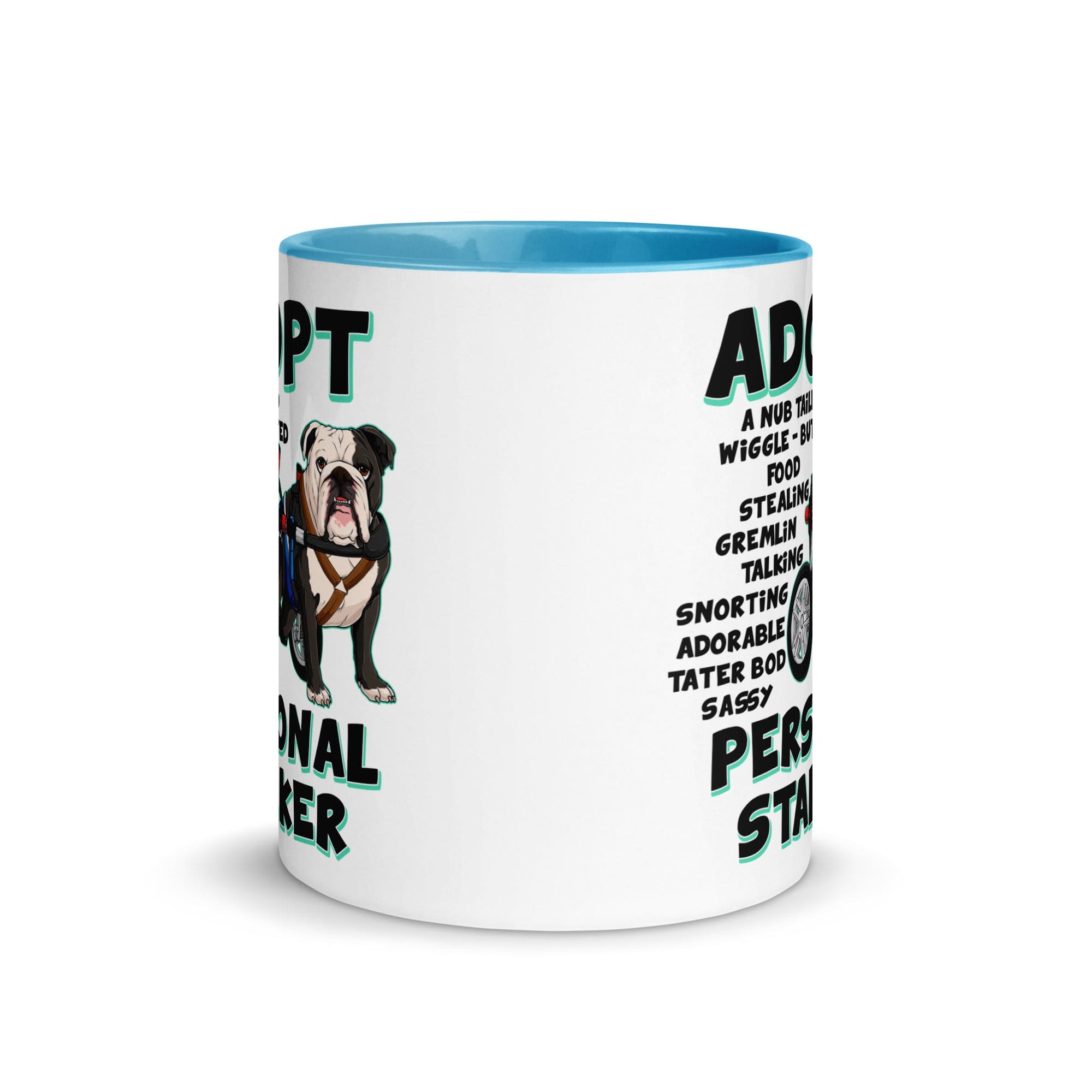 "Adopt A Personal Stalker" Male English Bulldog Mug | B&W Colored with Spina Bifida in Wheelchair