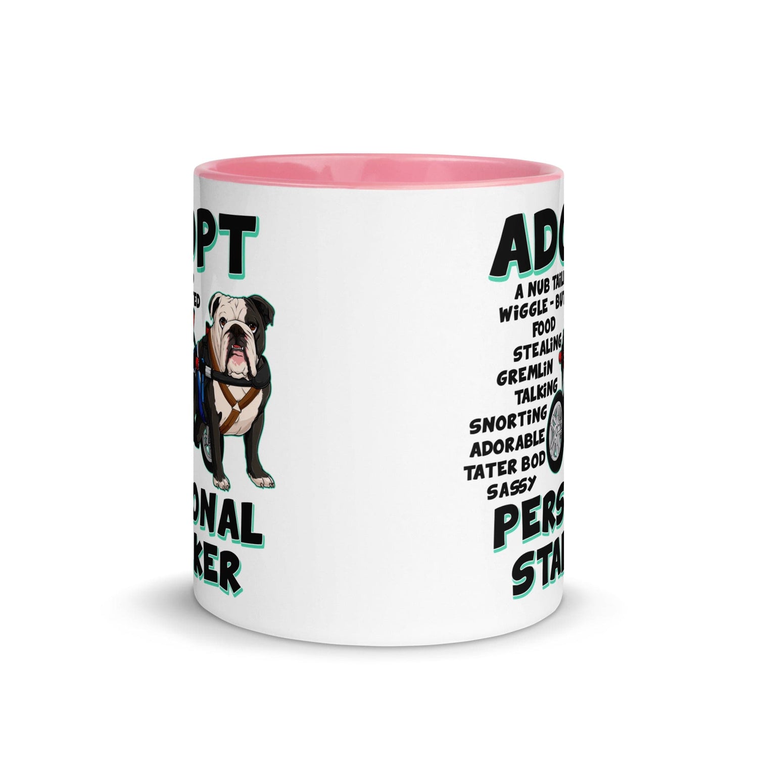 "Adopt A Personal Stalker" Male English Bulldog Mug | B&W Colored with Spina Bifida in Wheelchair