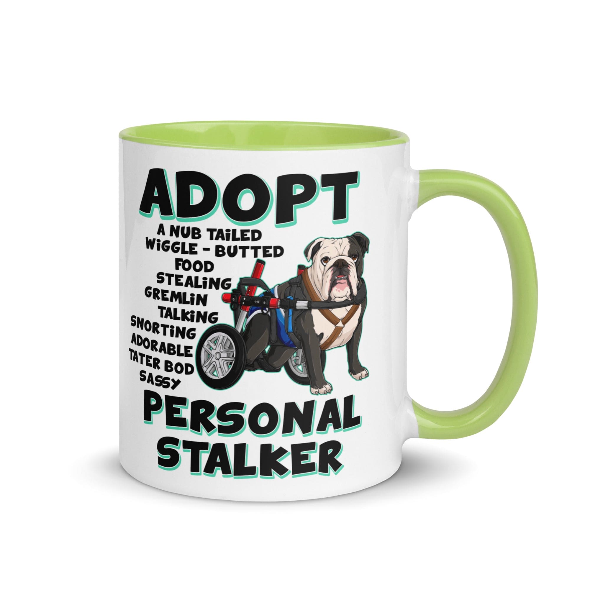 "Adopt A Personal Stalker" Male English Bulldog Mug | B&W Colored with Spina Bifida in Wheelchair