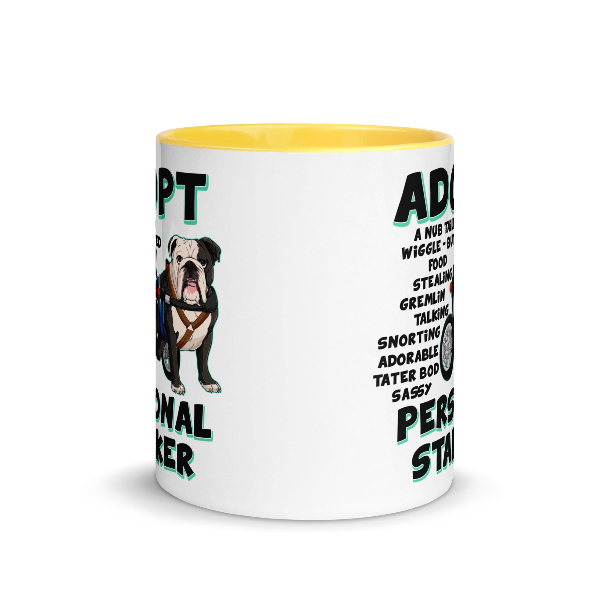 "Adopt A Personal Stalker" Male English Bulldog Mug | B&W Colored with Spina Bifida in Wheelchair