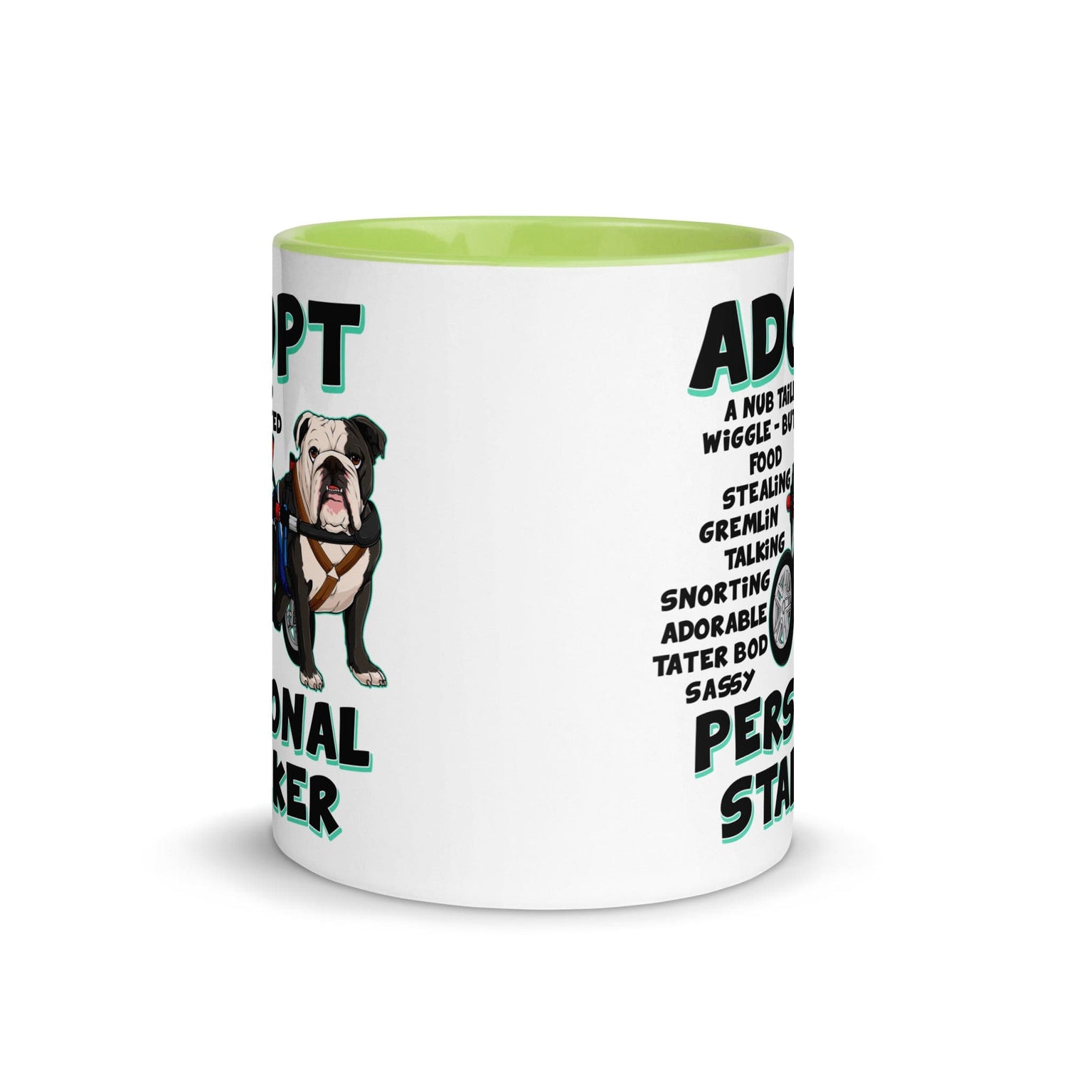 "Adopt A Personal Stalker" Male English Bulldog Mug | B&W Colored with Spina Bifida in Wheelchair