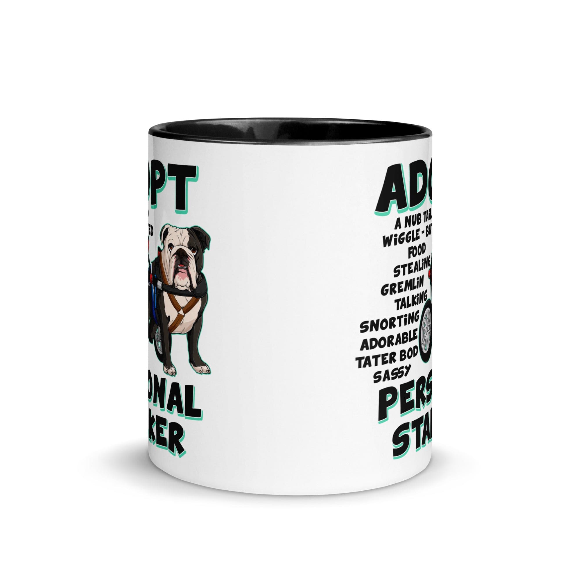 "Adopt A Personal Stalker" Male English Bulldog Mug | B&W Colored with Spina Bifida in Wheelchair