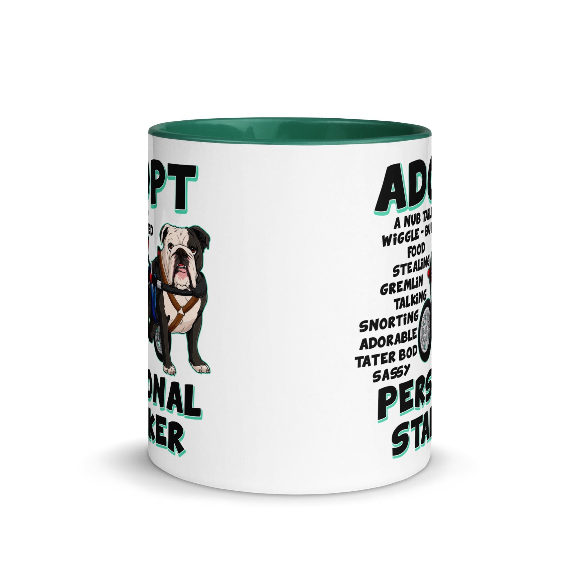 "Adopt A Personal Stalker" Male English Bulldog Mug | B&W Colored with Spina Bifida in Wheelchair