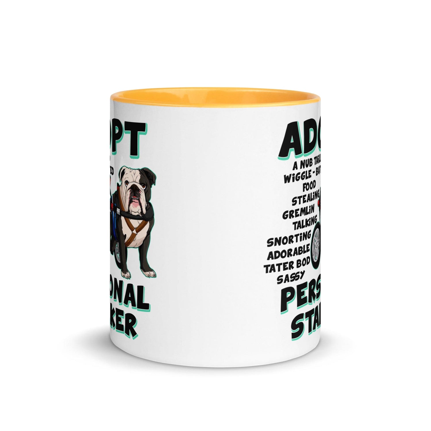 "Adopt A Personal Stalker" Male English Bulldog Mug | B&W Colored with Spina Bifida in Wheelchair