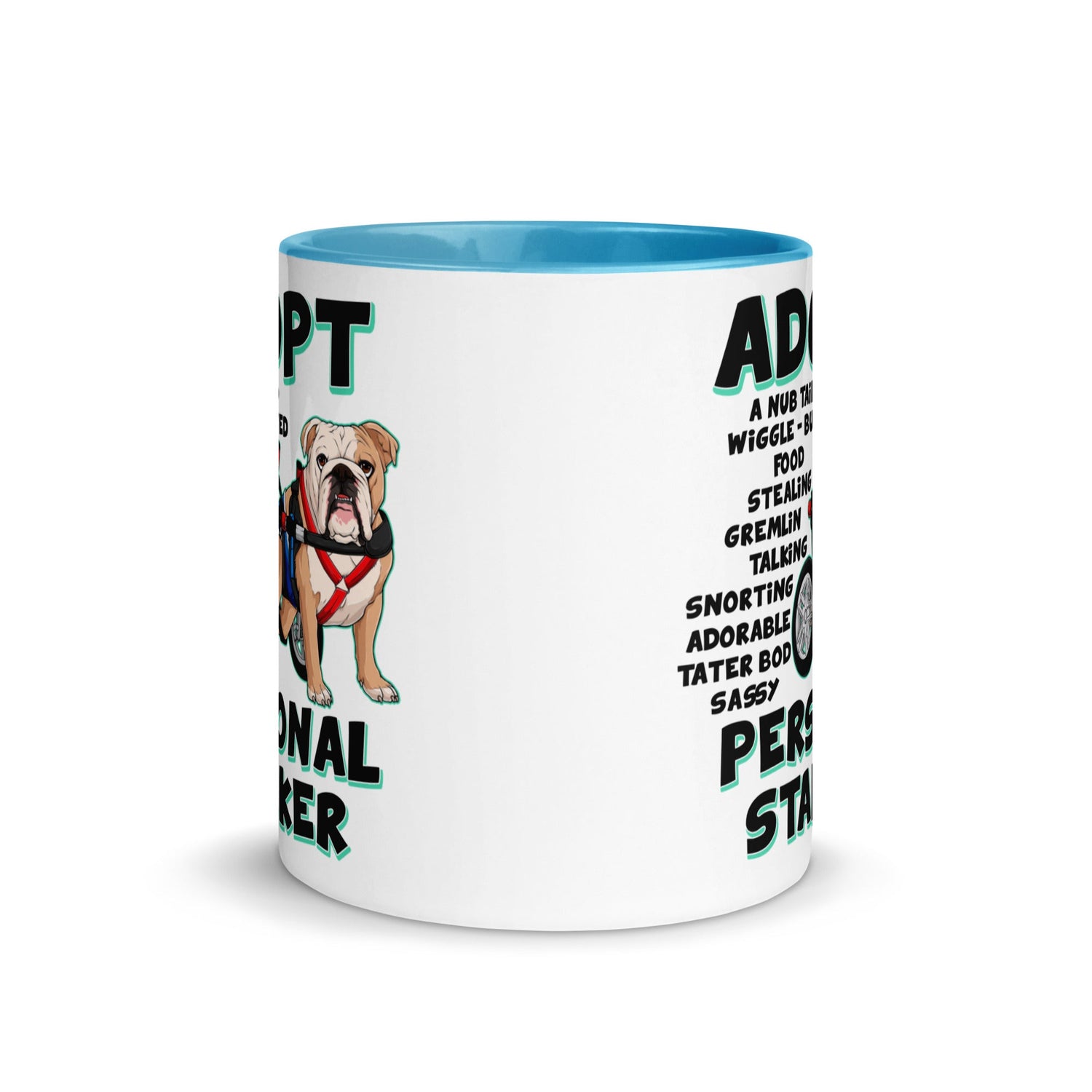 "Adopt A Personal Stalker" Male English Bulldog Mug | Fawn & White Colored with Spina Bifida in Wheelchair