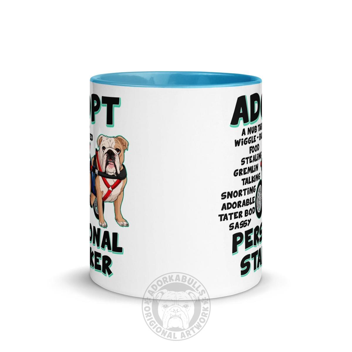 "Adopt A Personal Stalker" Male English Bulldog Mug | Fawn & White Colored with Spina Bifida in Wheelchair