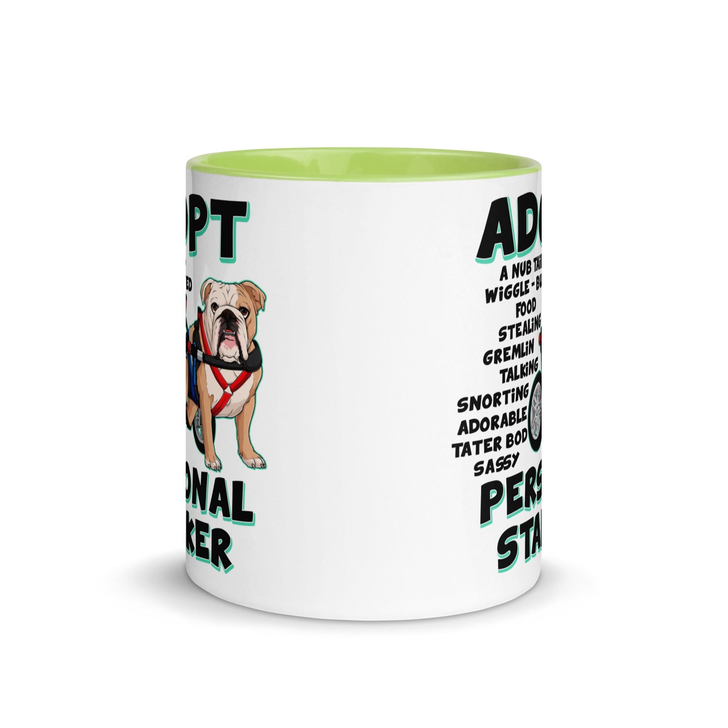 "Adopt A Personal Stalker" Male English Bulldog Mug | Fawn & White Colored with Spina Bifida in Wheelchair