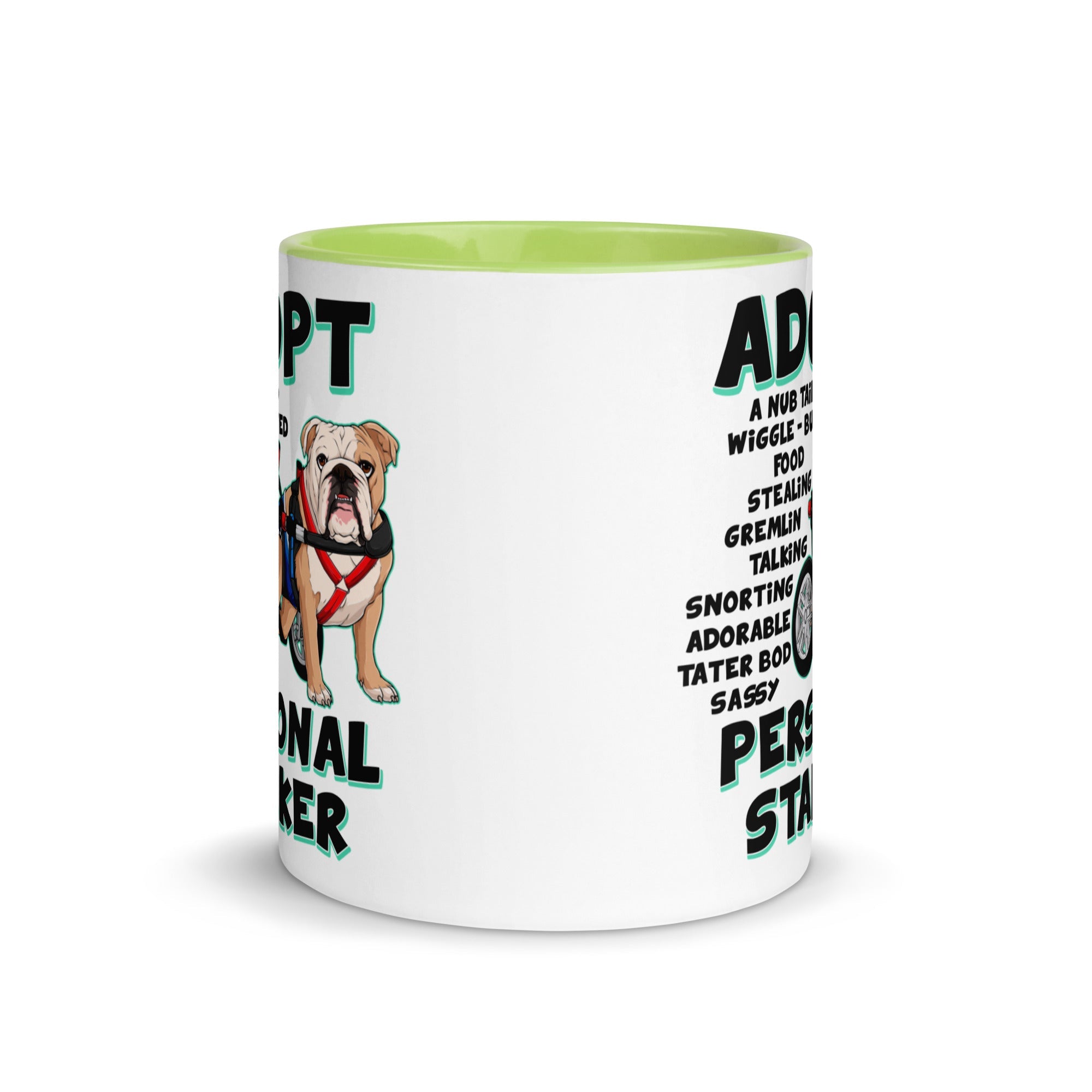 "Adopt A Personal Stalker" Male English Bulldog Mug | Fawn & White Colored with Spina Bifida in Wheelchair