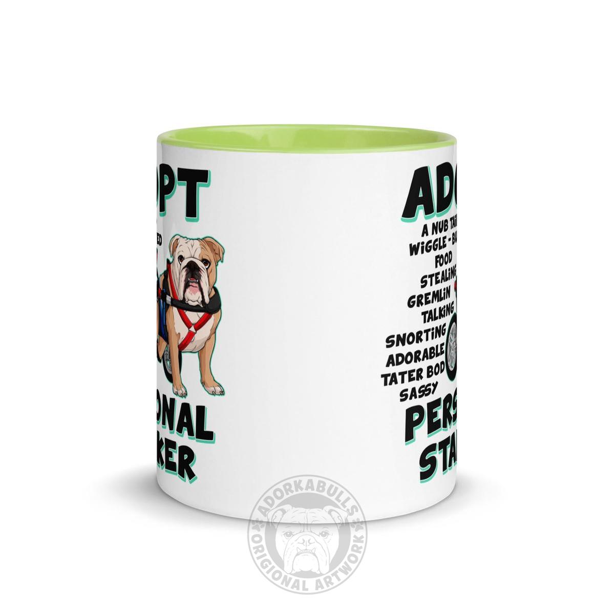 "Adopt A Personal Stalker" Male English Bulldog Mug | Fawn & White Colored with Spina Bifida in Wheelchair