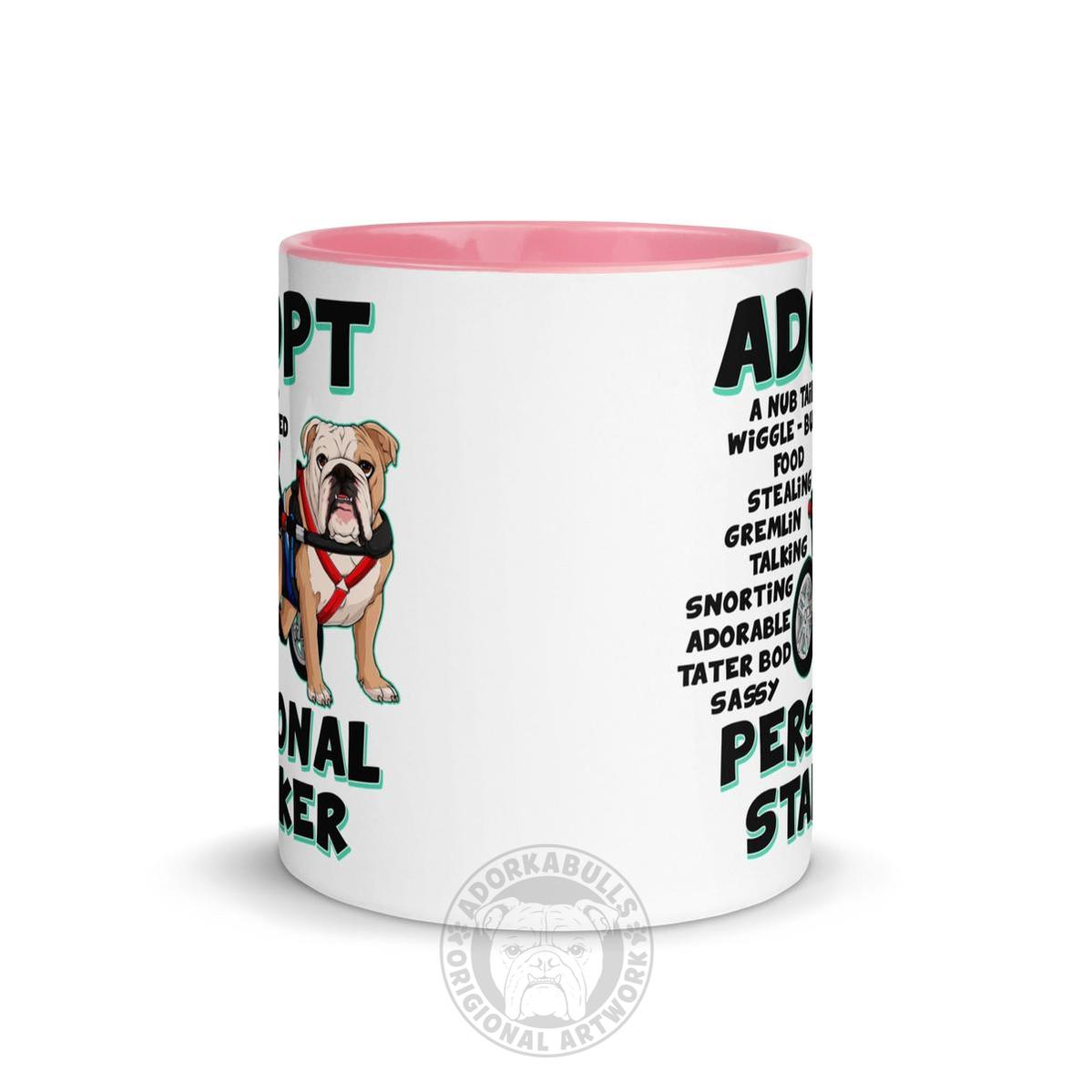 "Adopt A Personal Stalker" Male English Bulldog Mug | Fawn & White Colored with Spina Bifida in Wheelchair