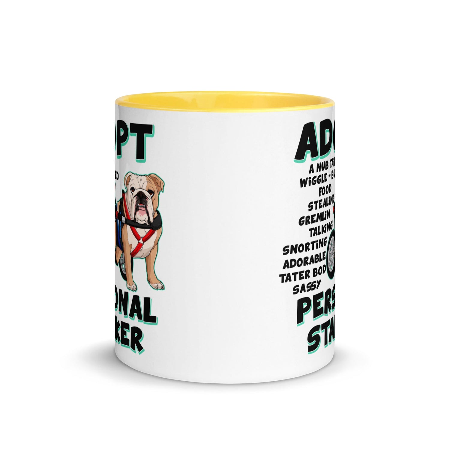 "Adopt A Personal Stalker" Male English Bulldog Mug | Fawn & White Colored with Spina Bifida in Wheelchair