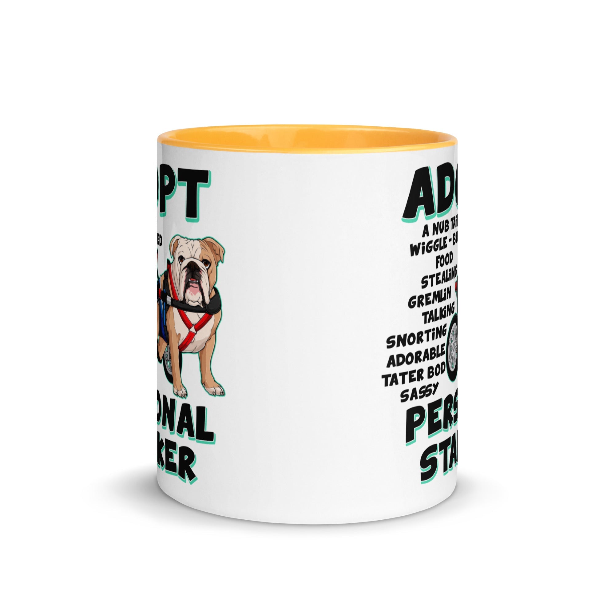 "Adopt A Personal Stalker" Male English Bulldog Mug | Fawn & White Colored with Spina Bifida in Wheelchair