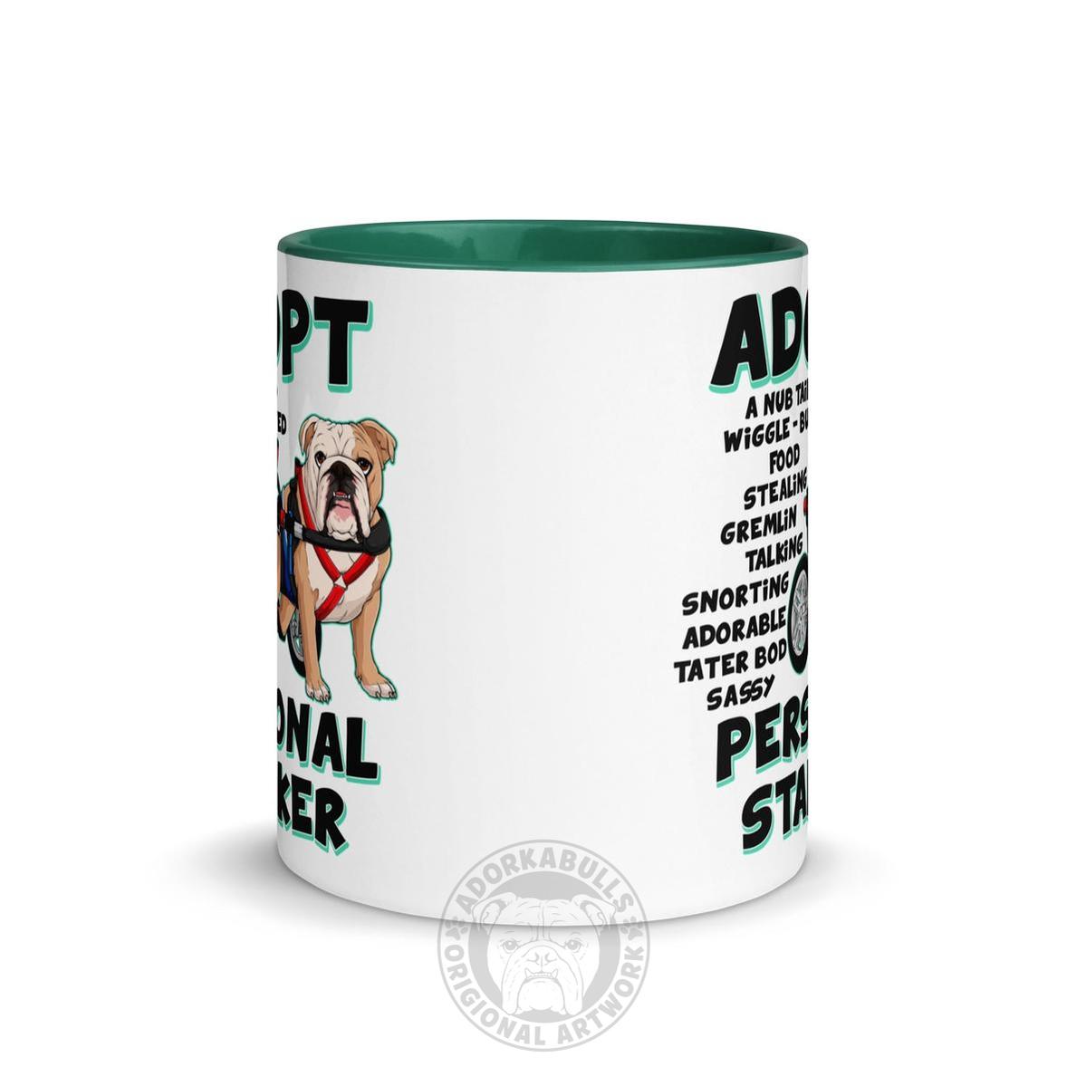 "Adopt A Personal Stalker" Male English Bulldog Mug | Fawn & White Colored with Spina Bifida in Wheelchair