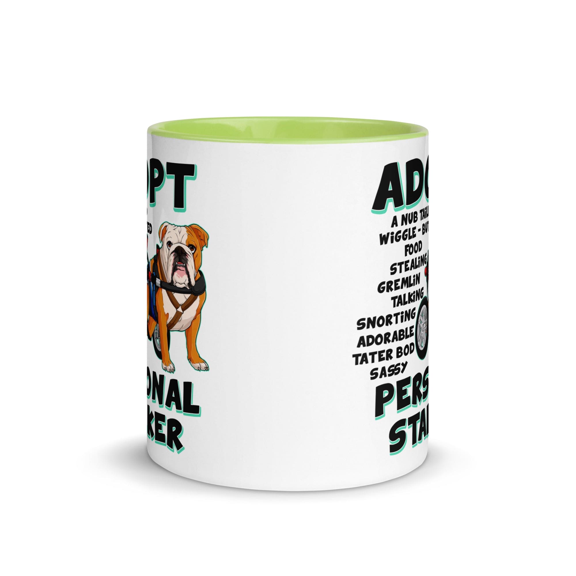 "Adopt A Personal Stalker" Male English Bulldog Mug | Red & White Colored with Spina Bifida in Wheelchair