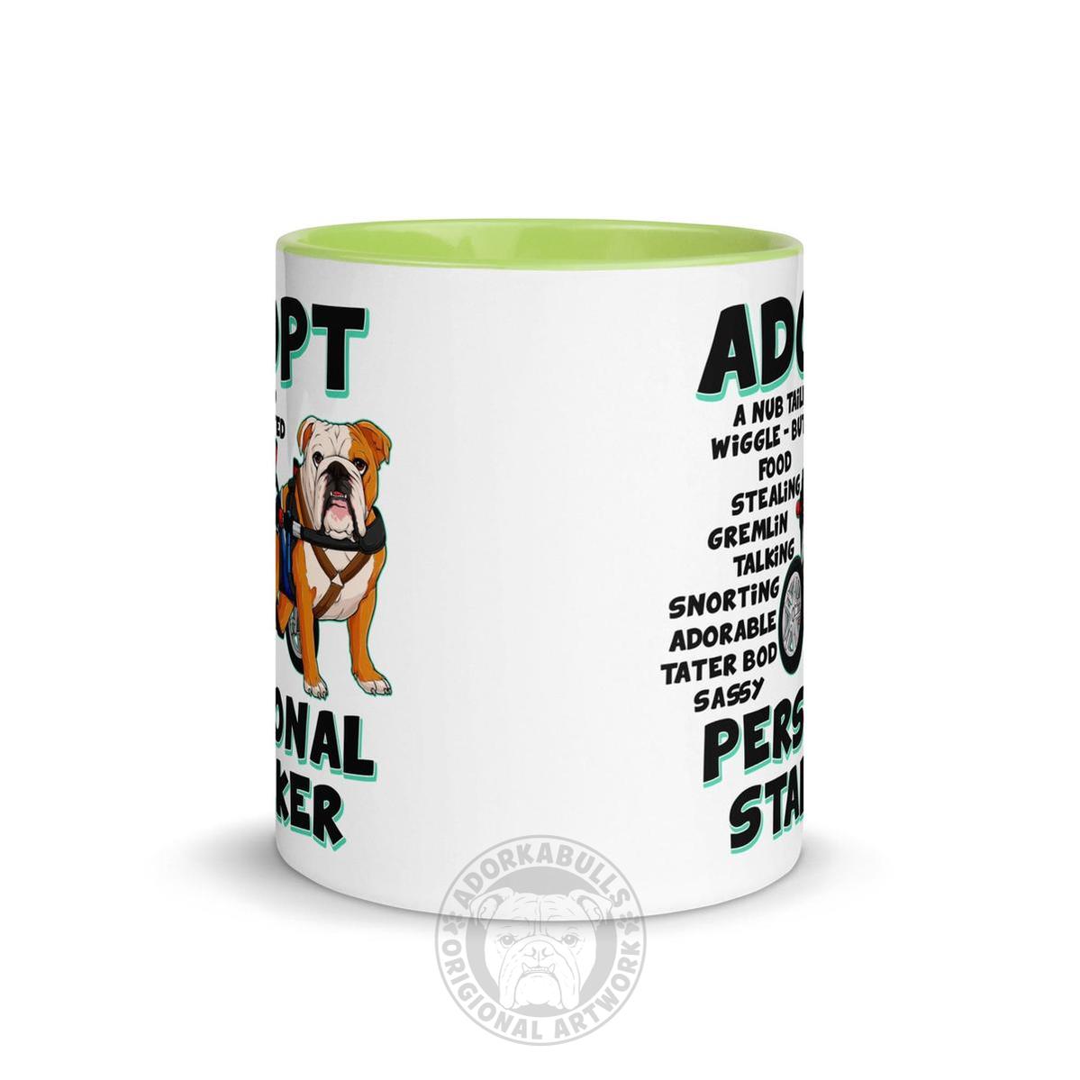 "Adopt A Personal Stalker" Male English Bulldog Mug | Red & White Colored with Spina Bifida in Wheelchair