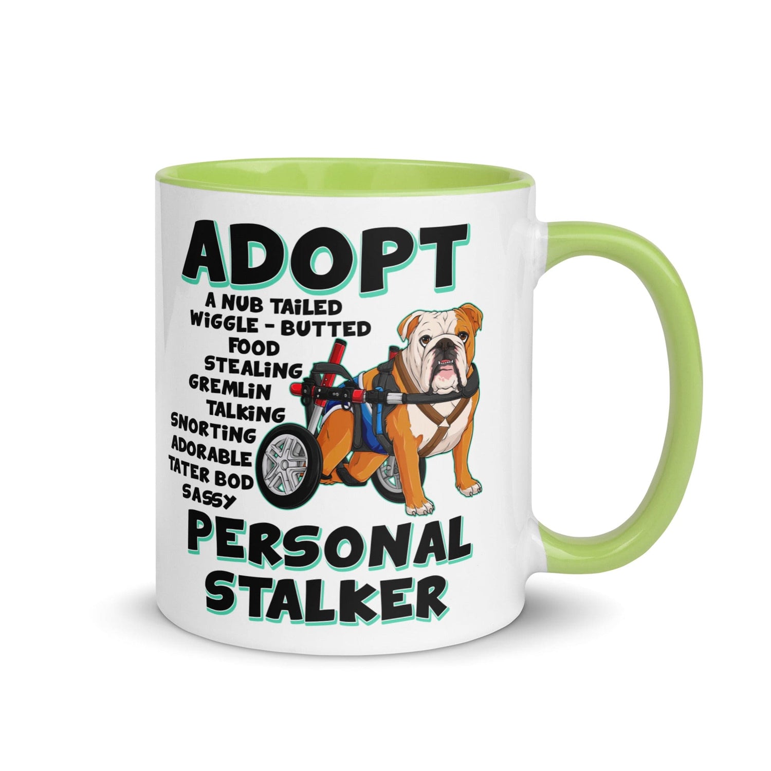 "Adopt A Personal Stalker" Male English Bulldog Mug | Red & White Colored with Spina Bifida in Wheelchair