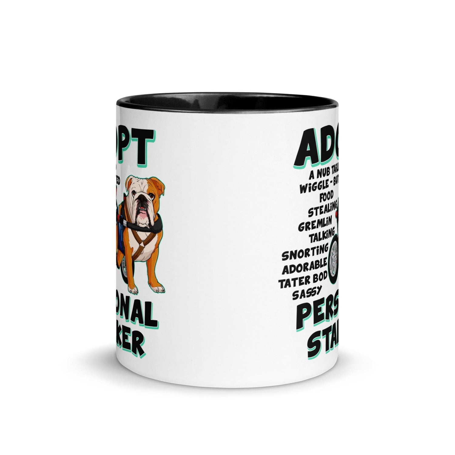 "Adopt A Personal Stalker" Male English Bulldog Mug | Red & White Colored with Spina Bifida in Wheelchair