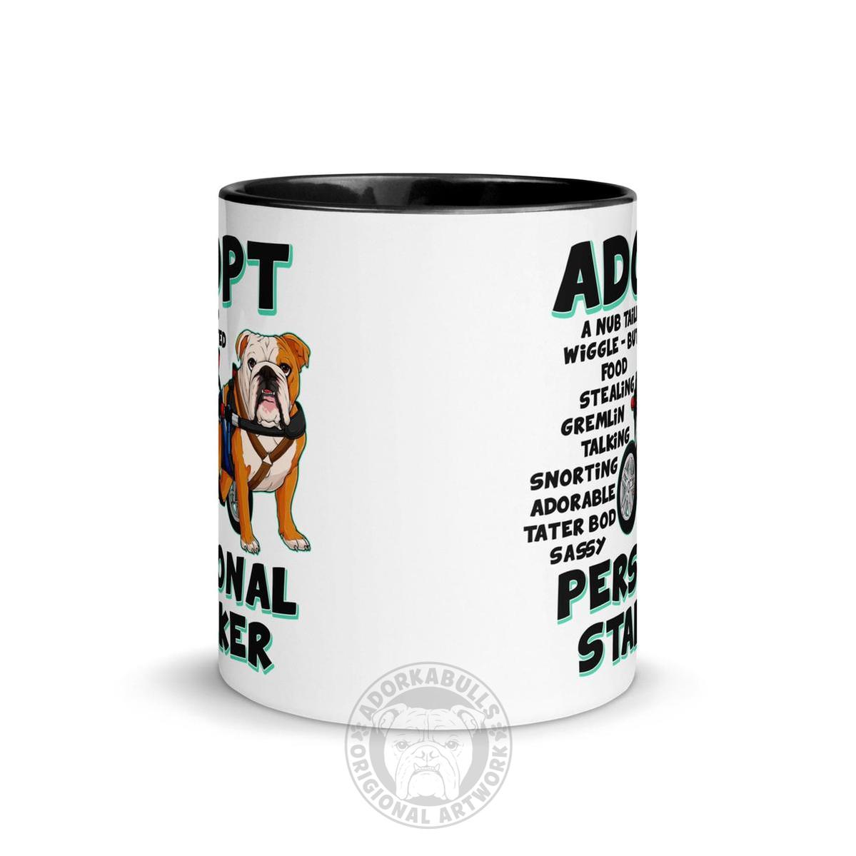 "Adopt A Personal Stalker" Male English Bulldog Mug | Red & White Colored with Spina Bifida in Wheelchair