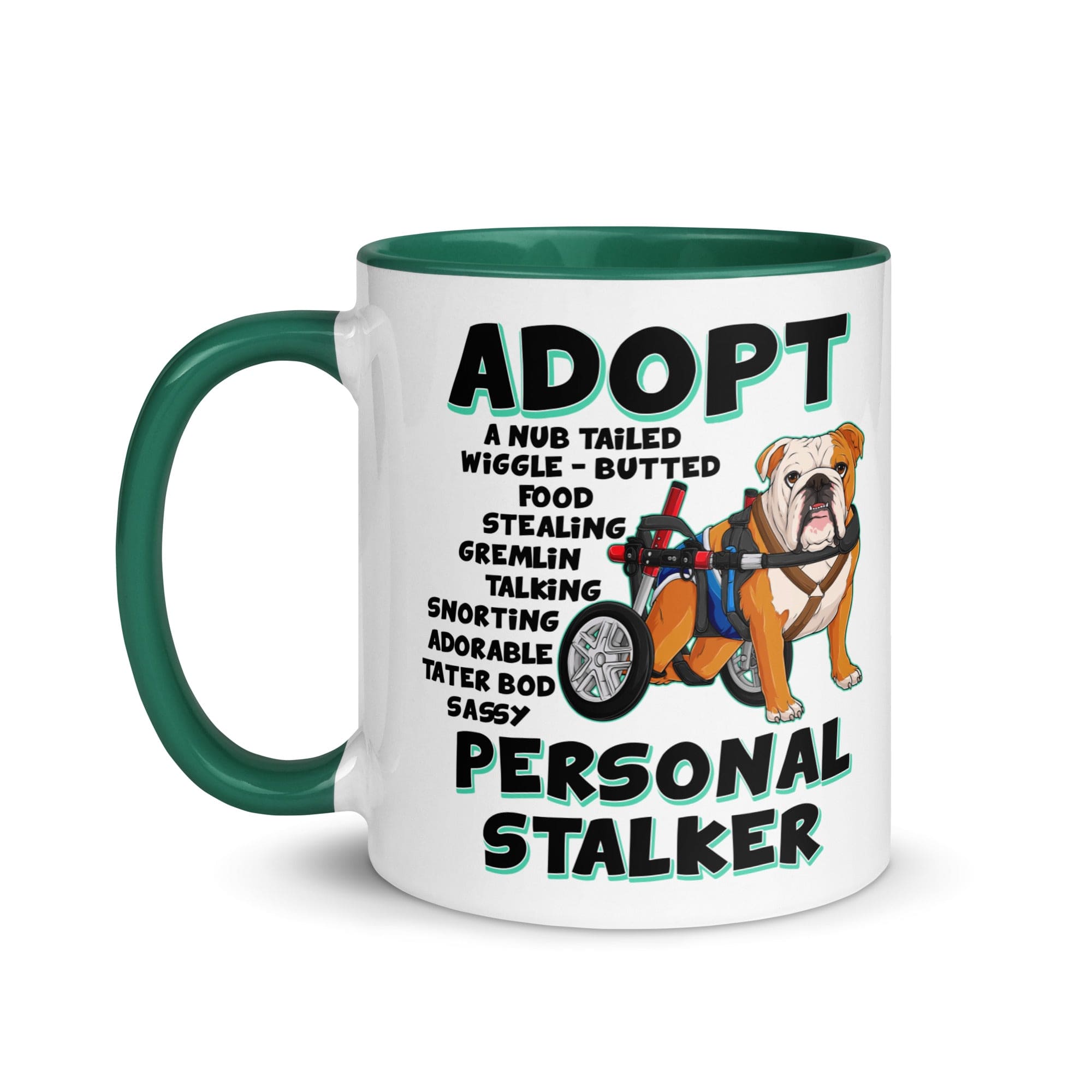 "Adopt A Personal Stalker" Male English Bulldog Mug | Red & White Colored with Spina Bifida in Wheelchair