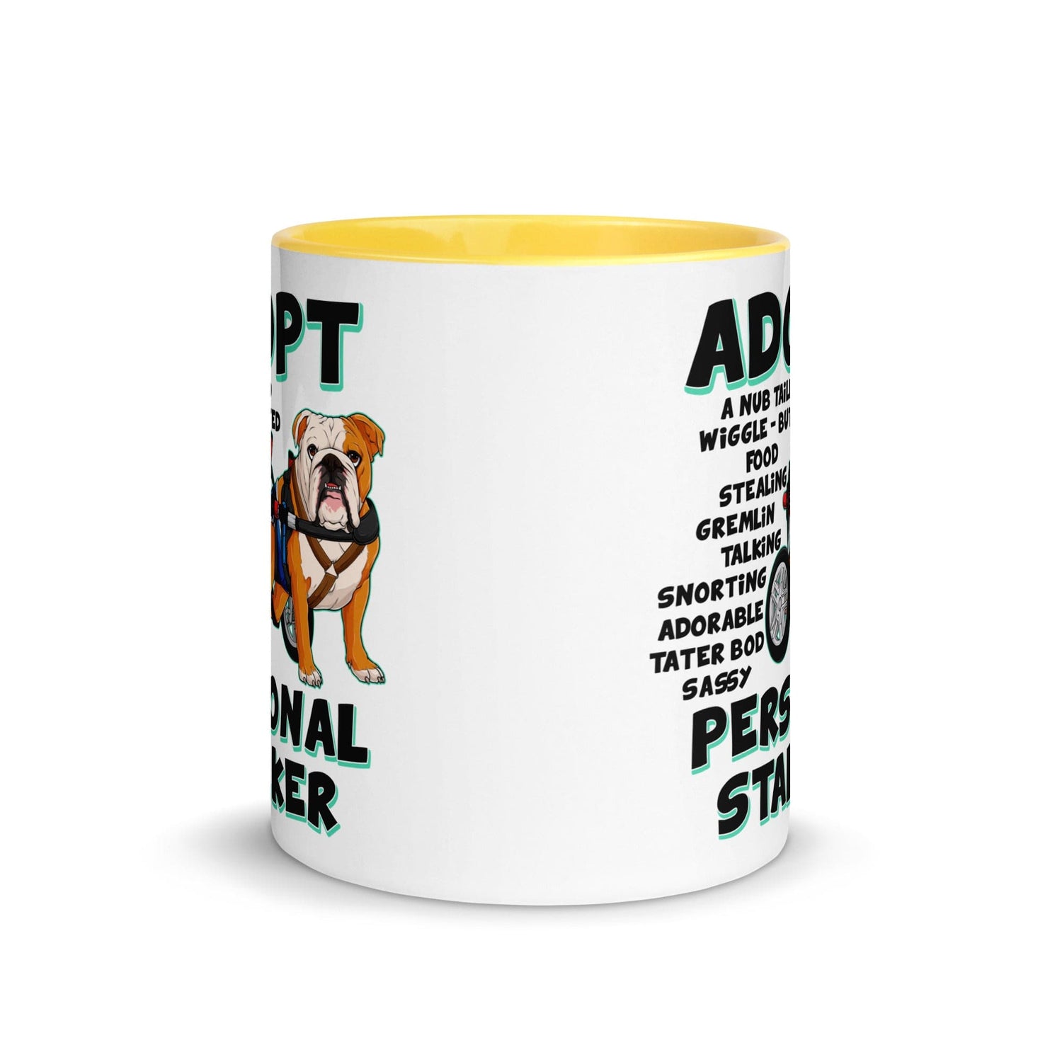 "Adopt A Personal Stalker" Male English Bulldog Mug | Red & White Colored with Spina Bifida in Wheelchair