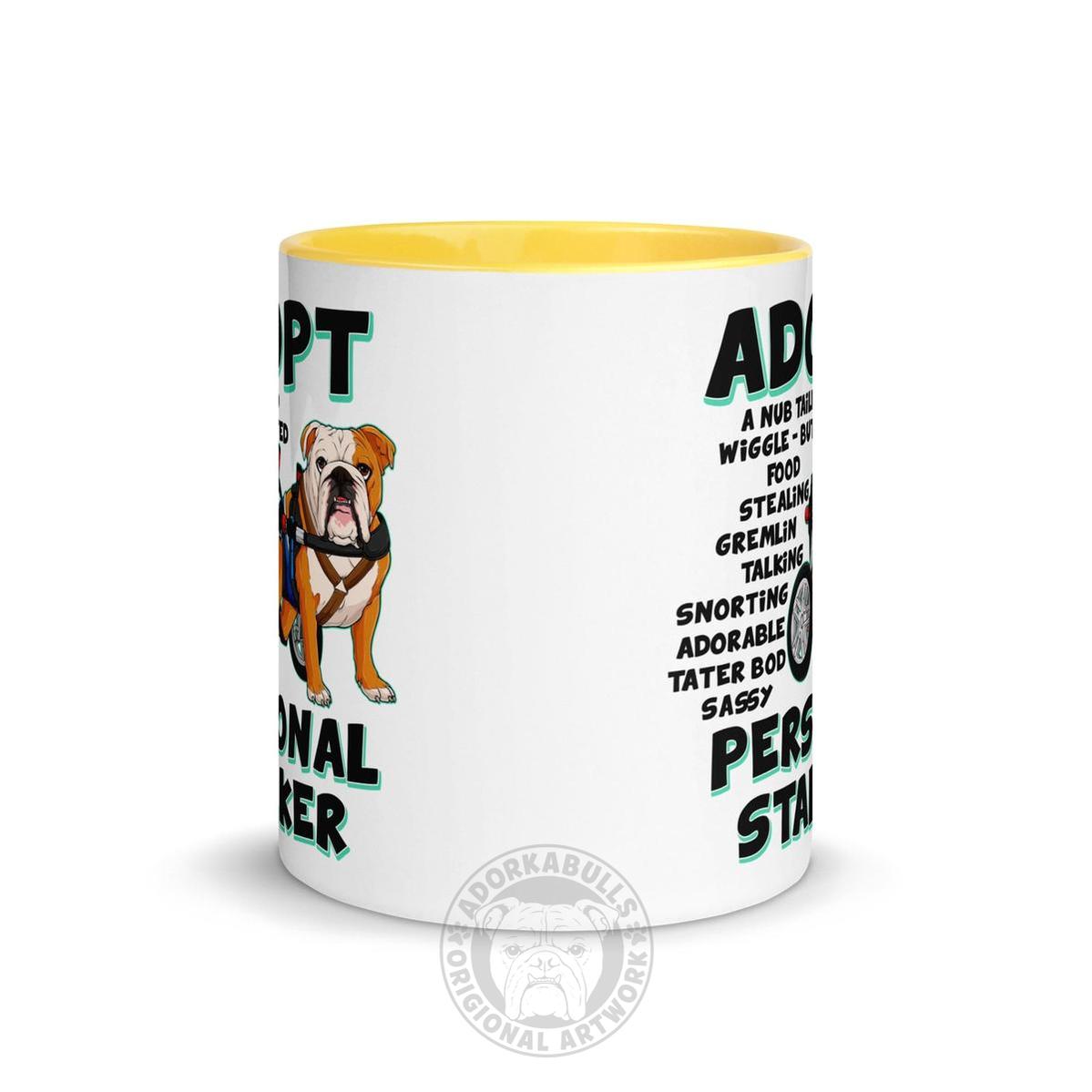 "Adopt A Personal Stalker" Male English Bulldog Mug | Red & White Colored with Spina Bifida in Wheelchair