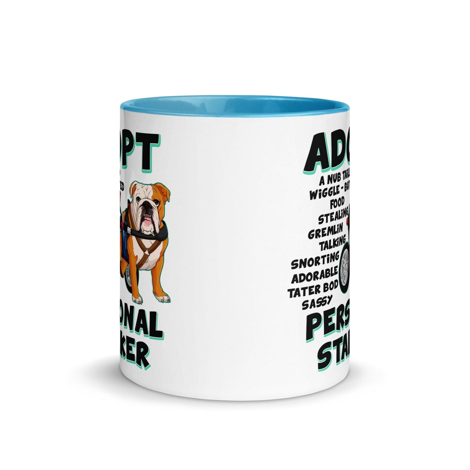 "Adopt A Personal Stalker" Male English Bulldog Mug | Red & White Colored with Spina Bifida in Wheelchair