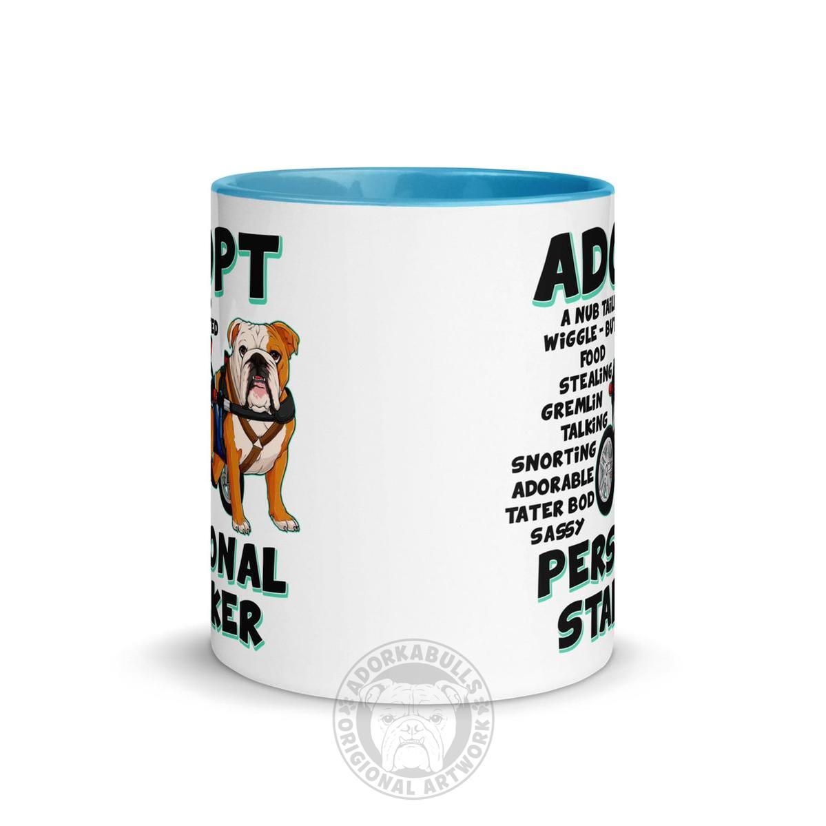 "Adopt A Personal Stalker" Male English Bulldog Mug | Red & White Colored with Spina Bifida in Wheelchair