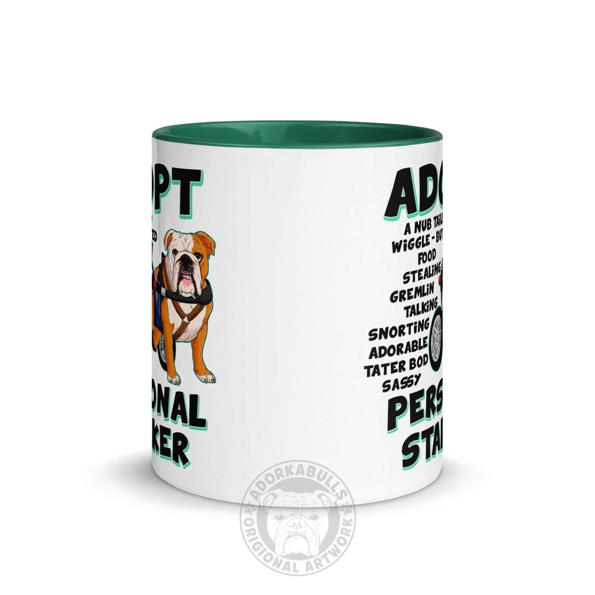 "Adopt A Personal Stalker" Male English Bulldog Mug | Red & White Colored with Spina Bifida in Wheelchair