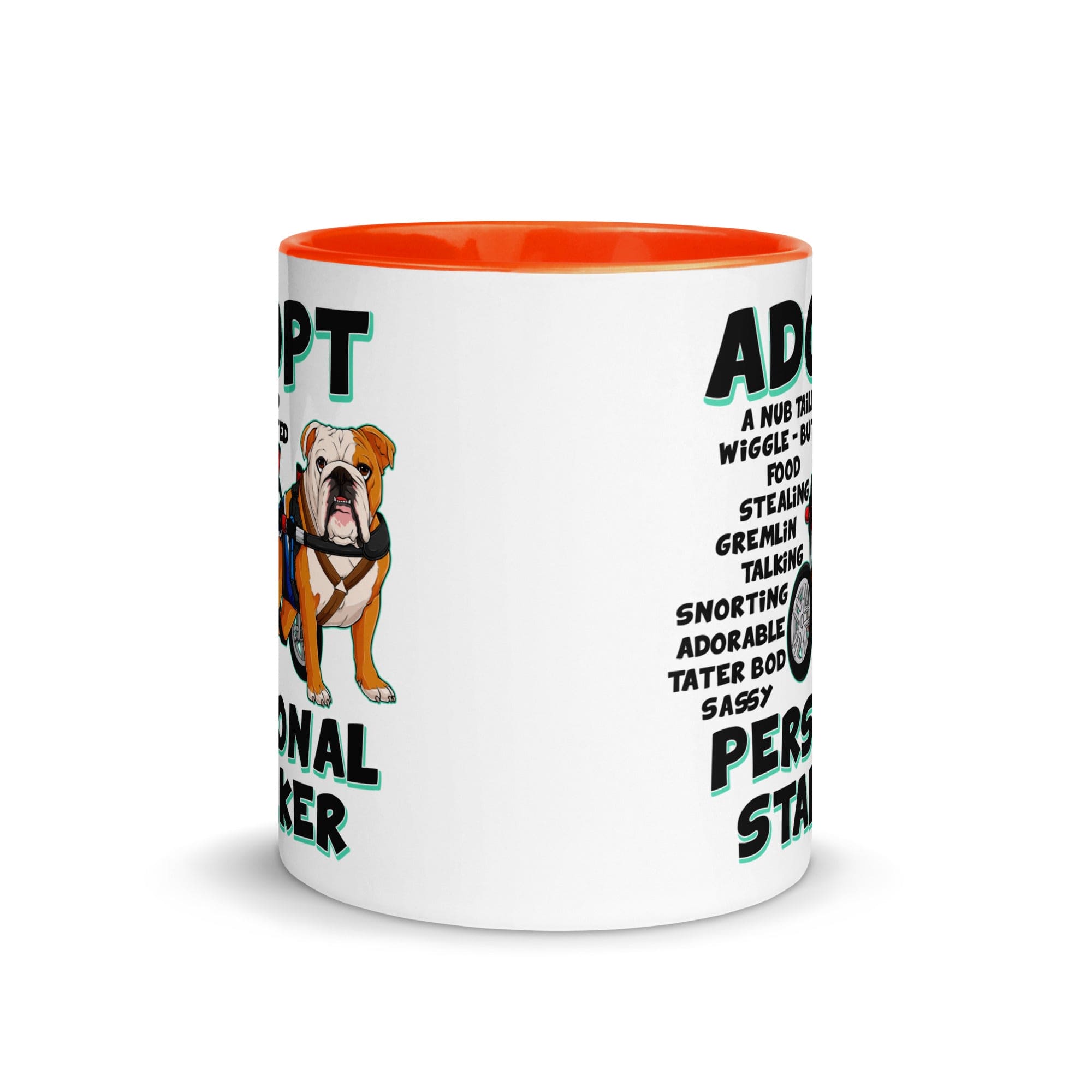 "Adopt A Personal Stalker" Male English Bulldog Mug | Red & White Colored with Spina Bifida in Wheelchair