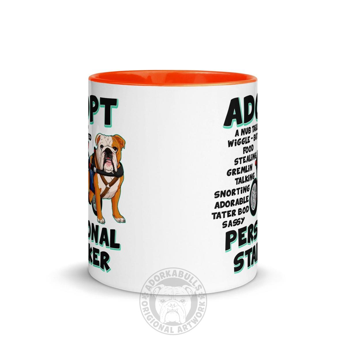 "Adopt A Personal Stalker" Male English Bulldog Mug | Red & White Colored with Spina Bifida in Wheelchair