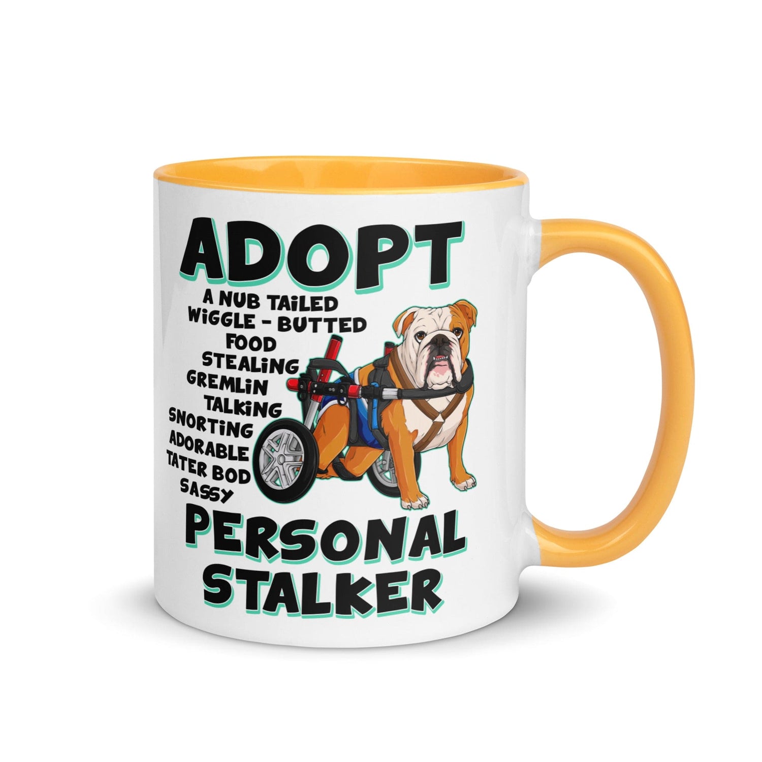 "Adopt A Personal Stalker" Male English Bulldog Mug | Red & White Colored with Spina Bifida in Wheelchair