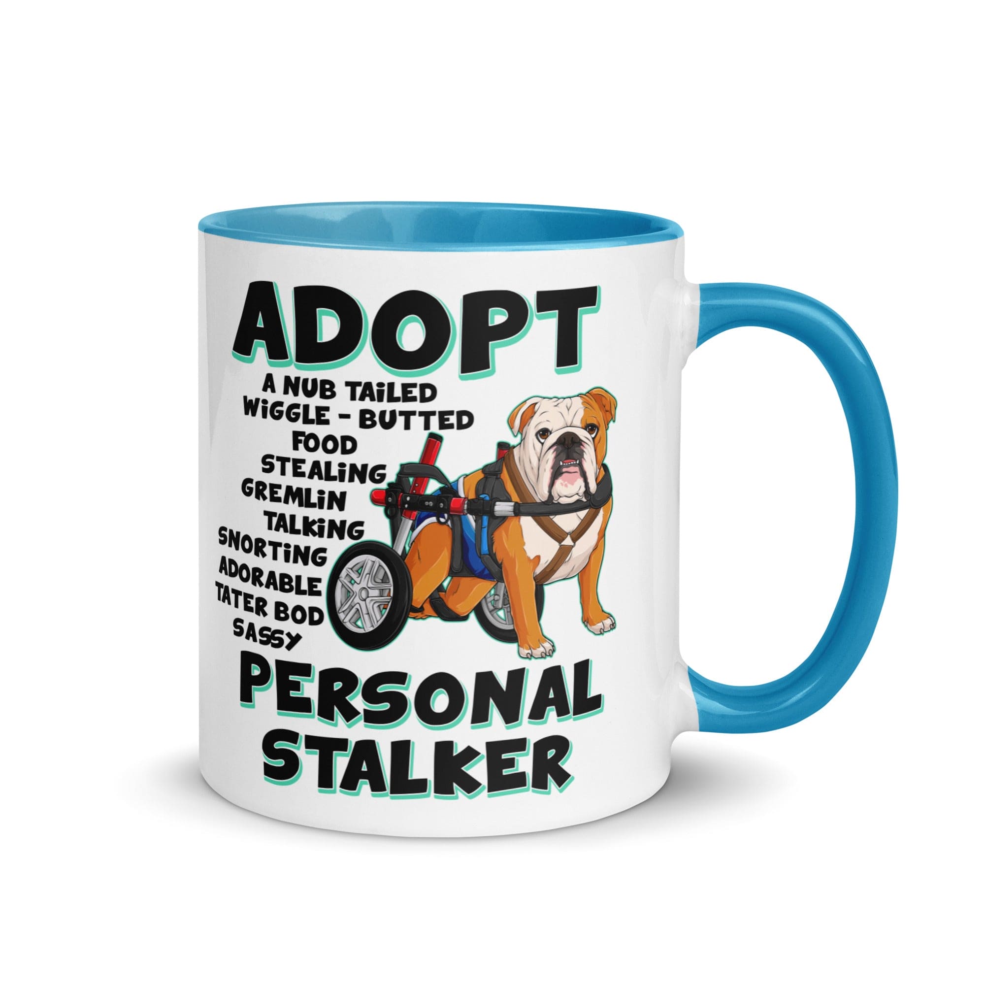 "Adopt A Personal Stalker" Male English Bulldog Mug | Red & White Colored with Spina Bifida in Wheelchair