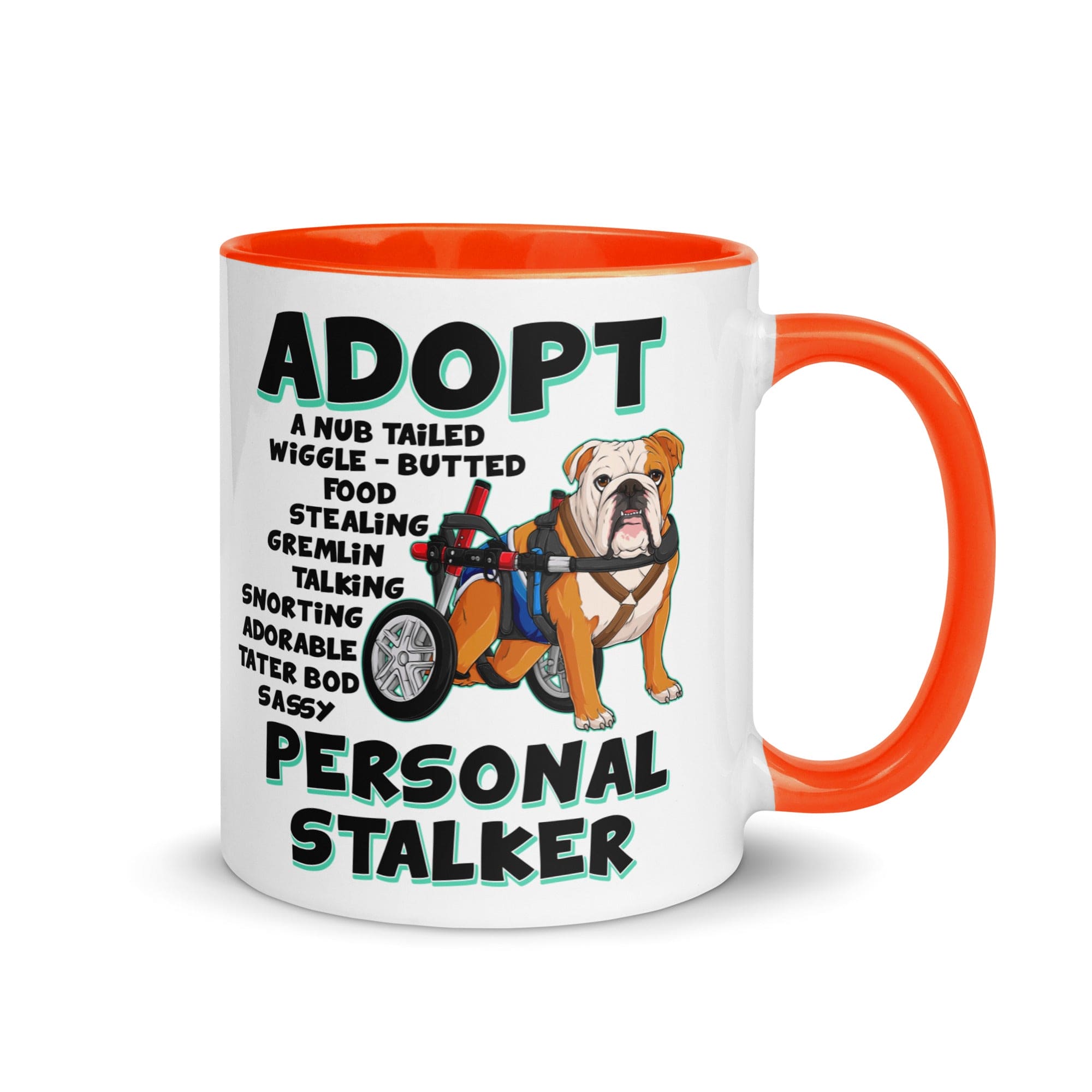 "Adopt A Personal Stalker" Male English Bulldog Mug | Red & White Colored with Spina Bifida in Wheelchair