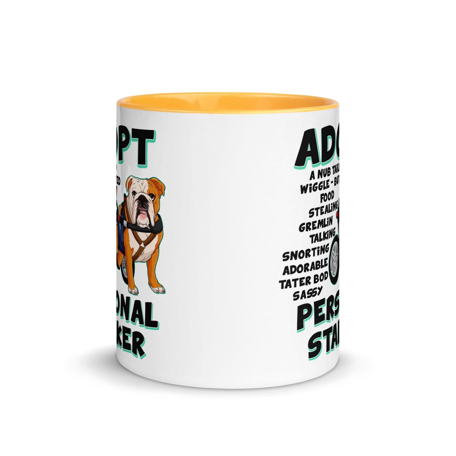 "Adopt A Personal Stalker" Male English Bulldog Mug | Red & White Colored with Spina Bifida in Wheelchair