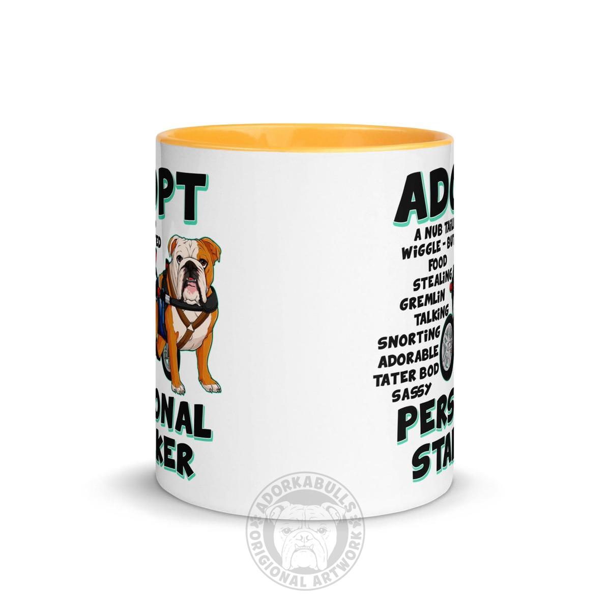 "Adopt A Personal Stalker" Male English Bulldog Mug | Red & White Colored with Spina Bifida in Wheelchair