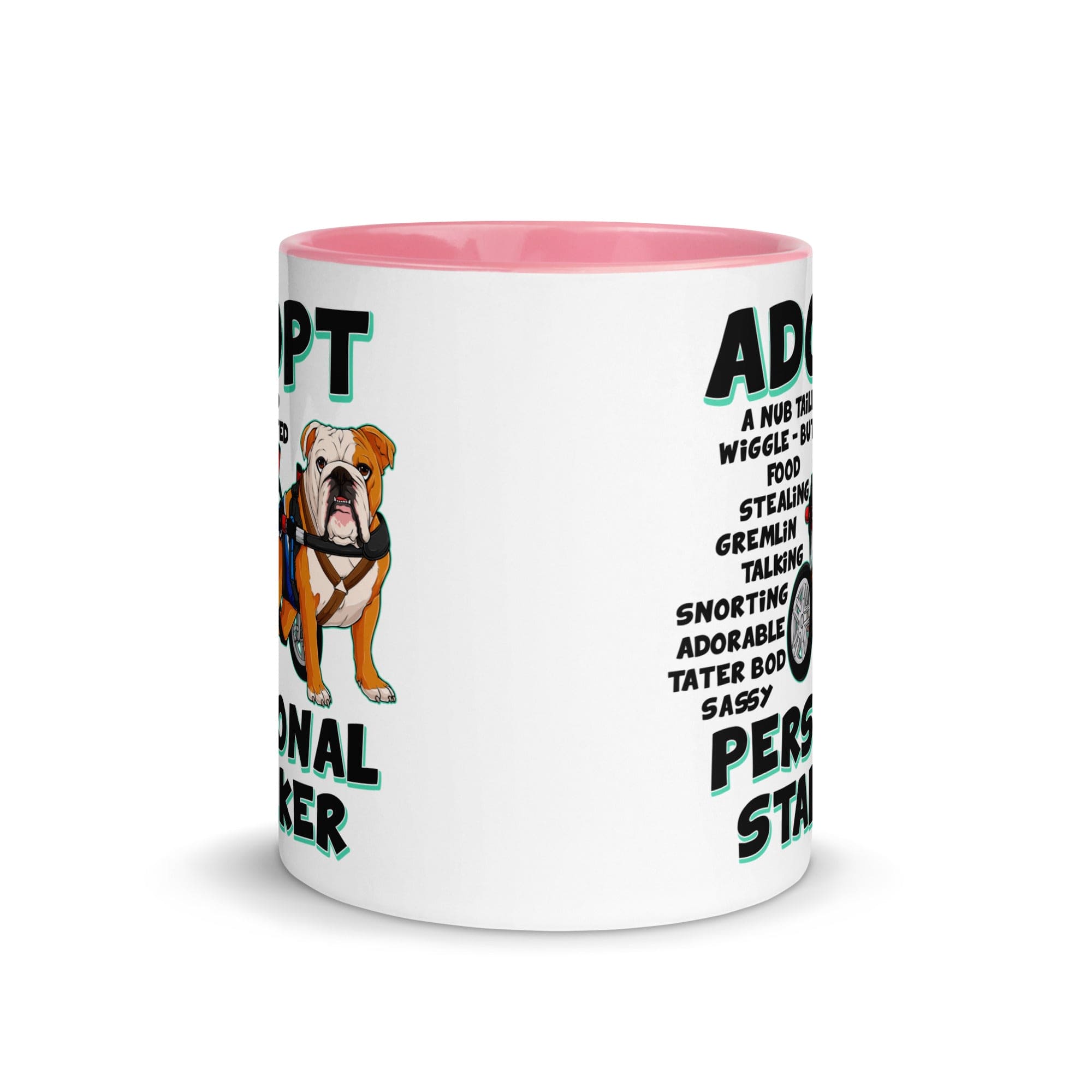 "Adopt A Personal Stalker" Male English Bulldog Mug | Red & White Colored with Spina Bifida in Wheelchair