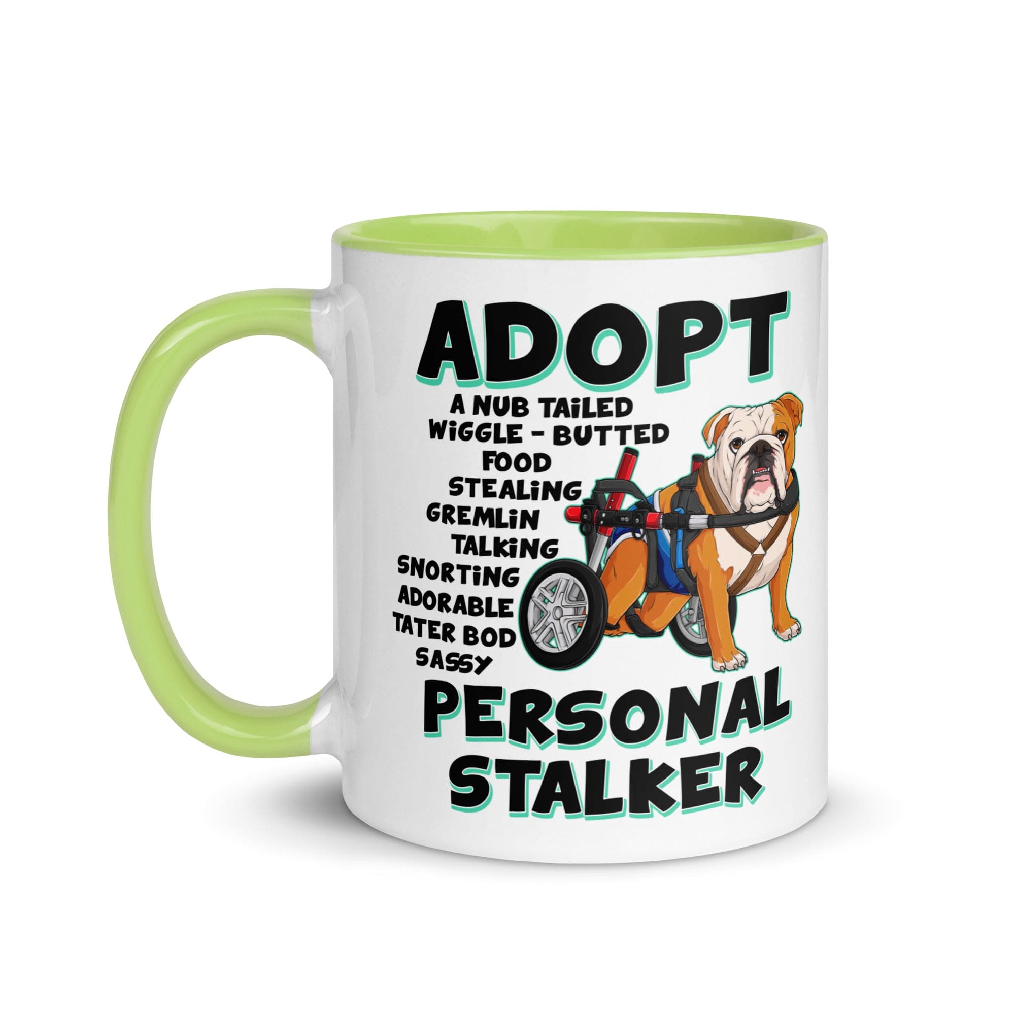 "Adopt A Personal Stalker" Male English Bulldog Mug | Red & White Colored with Spina Bifida in Wheelchair