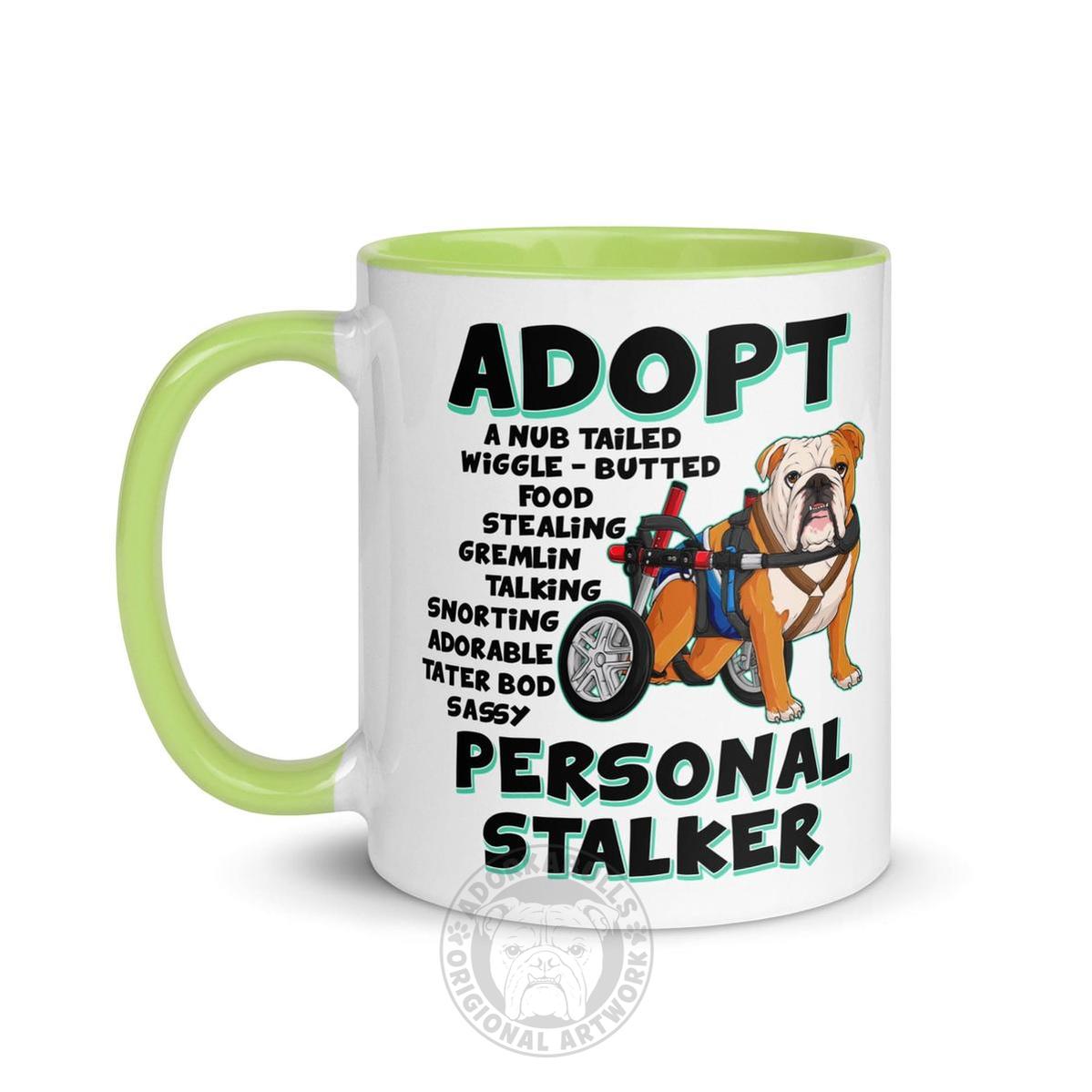 "Adopt A Personal Stalker" Male English Bulldog Mug | Red & White Colored with Spina Bifida in Wheelchair